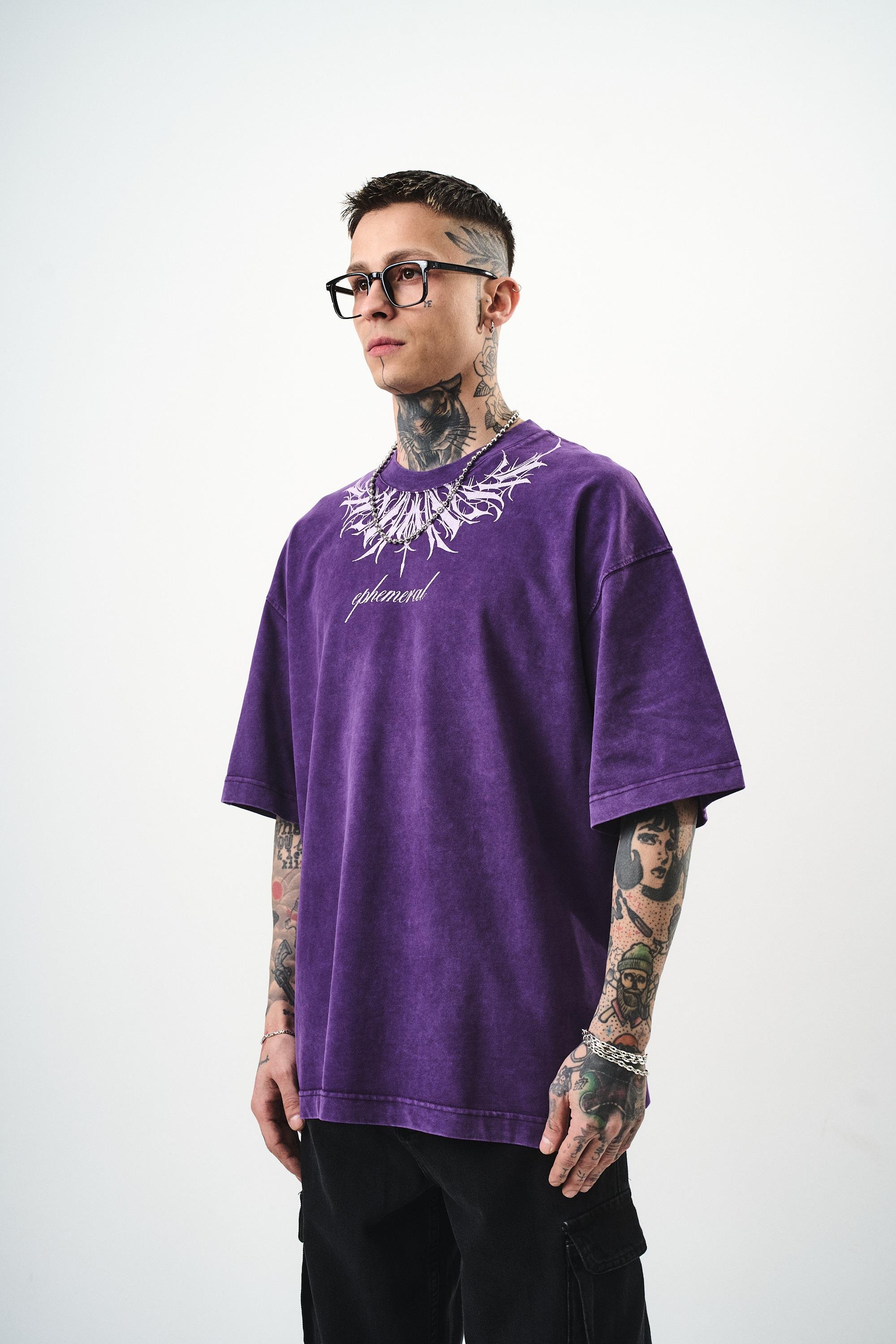 Erkek Ephemeral Baskılı Yıkamalı Oversize T-Shirt Mor