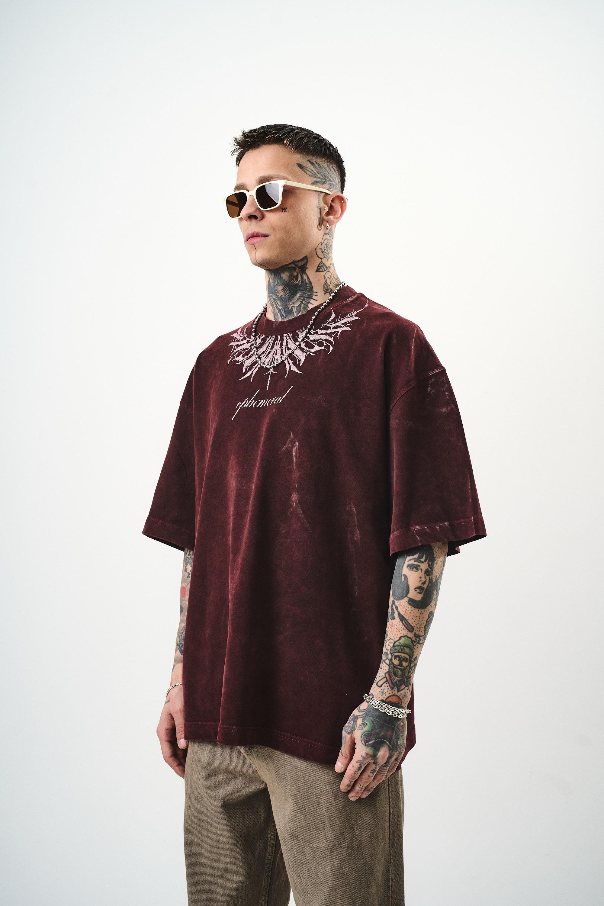 Erkek Ephemeral Baskılı Yıkamalı Oversize T-Shirt Bordo