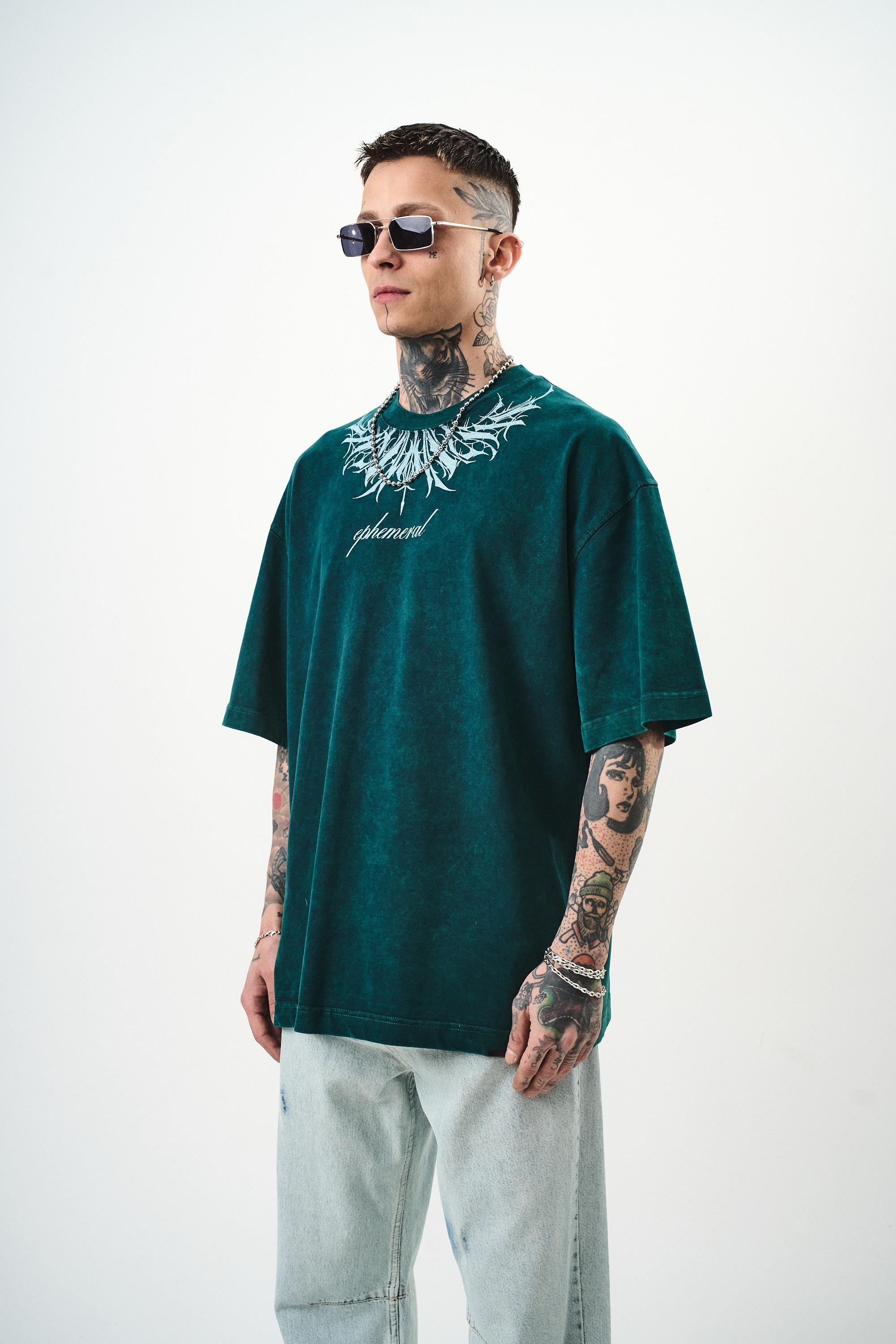 Erkek Ephemeral Baskılı Yıkamalı Oversize T-Shirt Yeşil