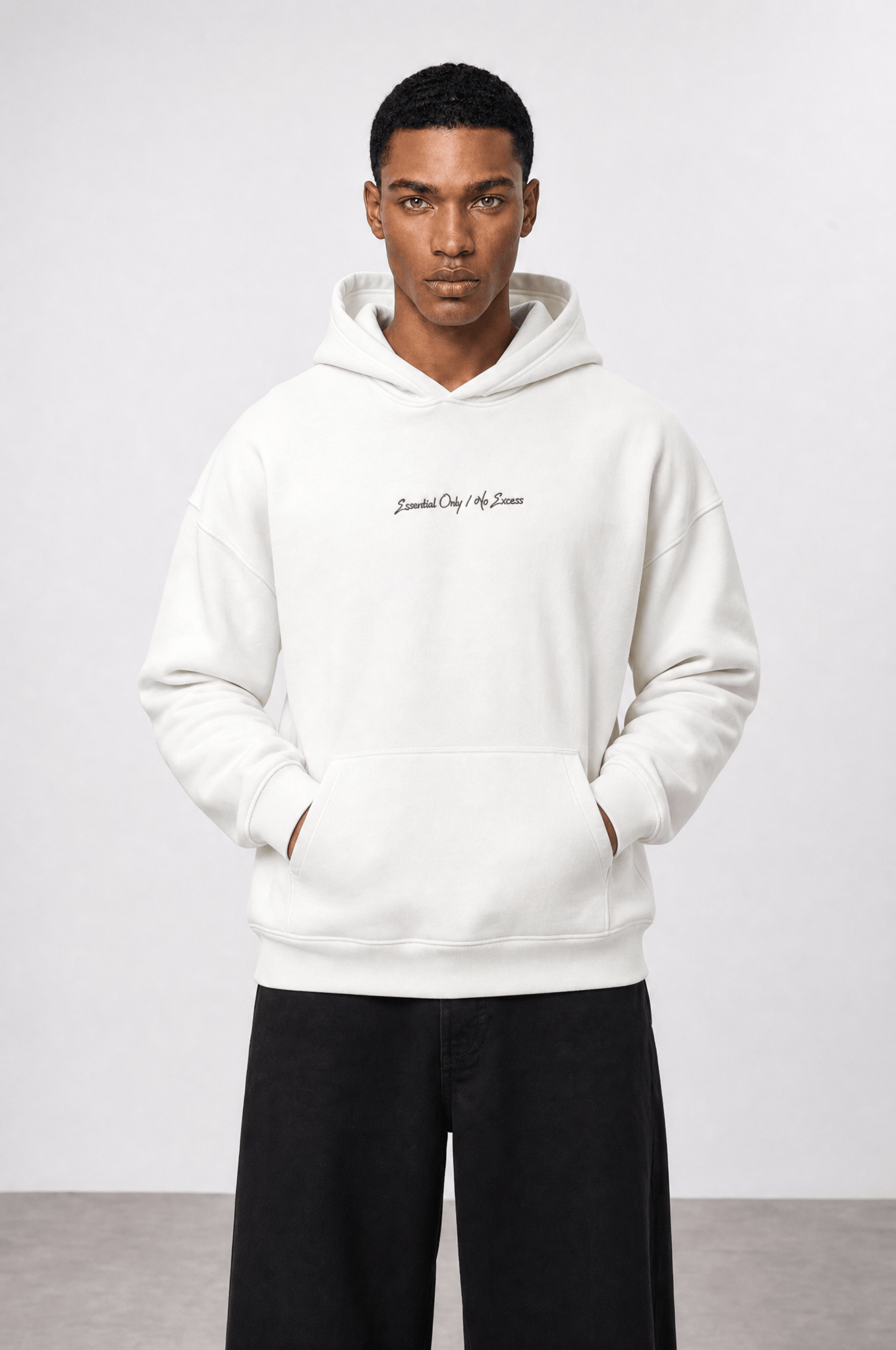 Erkek Essentials Nakışlı Oversize Hoodie Ekru
