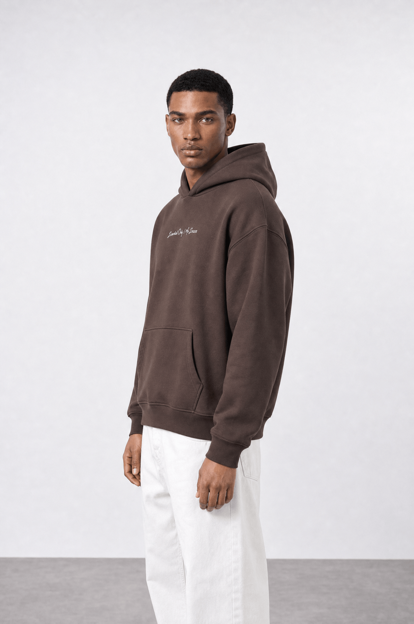 Erkek Essentials Nakışlı Oversize Hoodie Kahve