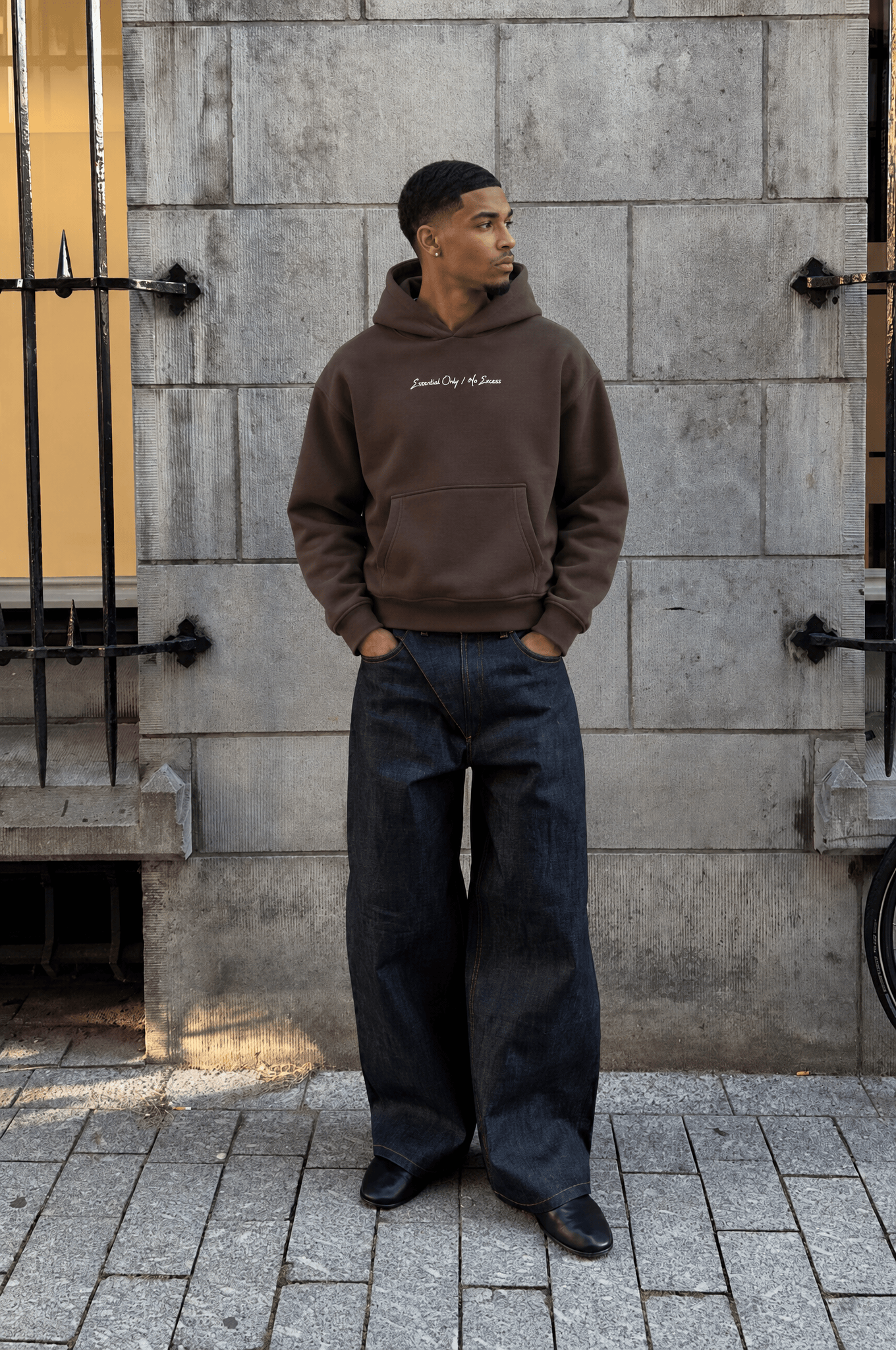 Erkek Essentials Nakışlı Oversize Hoodie Kahve