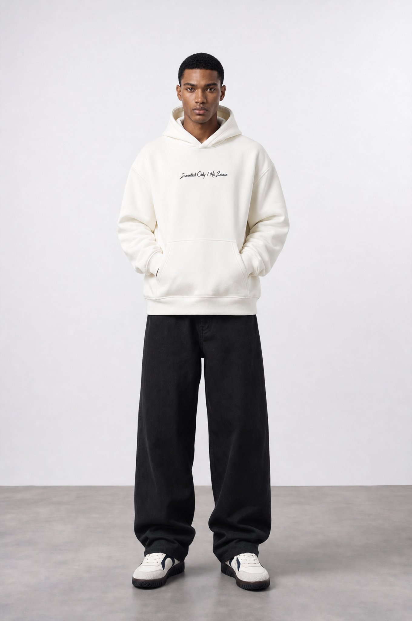 Erkek Essentials Nakışlı Oversize Hoodie Ekru