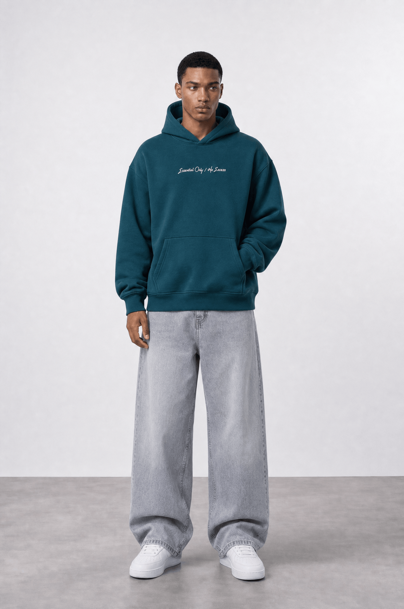 Erkek Essentials Nakışlı Oversize Hoodie Zümrüt