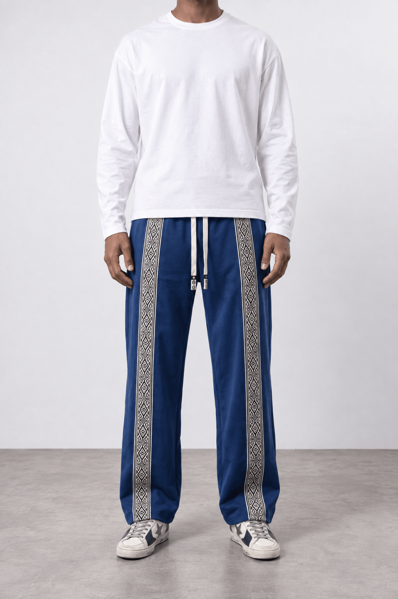 Erkek Etnik Şerit Detaylı Doubleface Baggy Eşofman Altı Lacivert