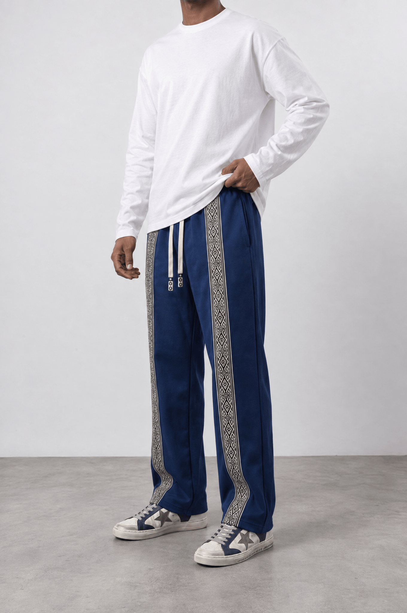 Erkek Etnik Şerit Detaylı Doubleface Baggy Eşofman Altı Lacivert