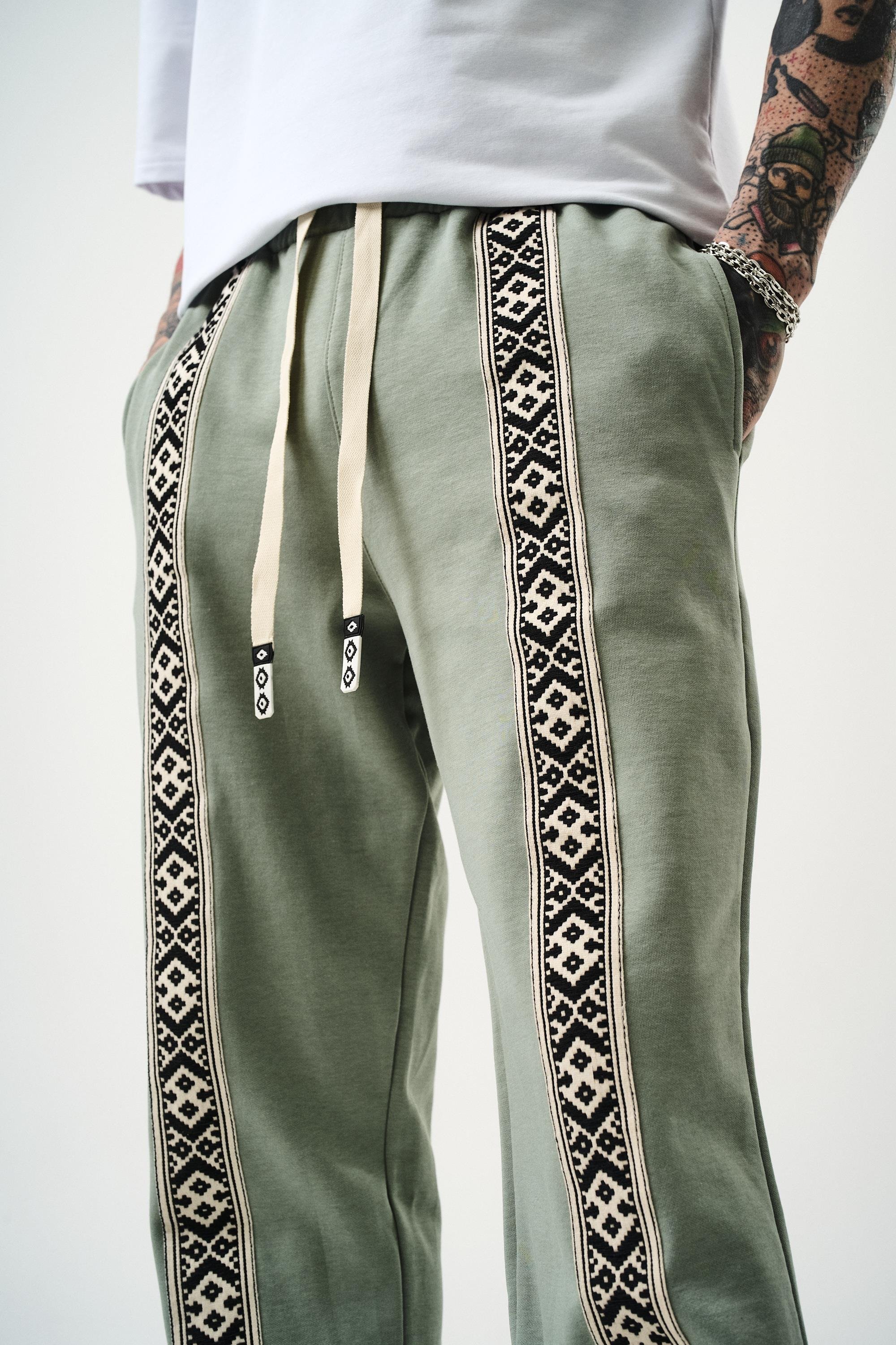 Erkek Etnik Şerit Detaylı İnterlok Baggy Eşofman Altı Mint