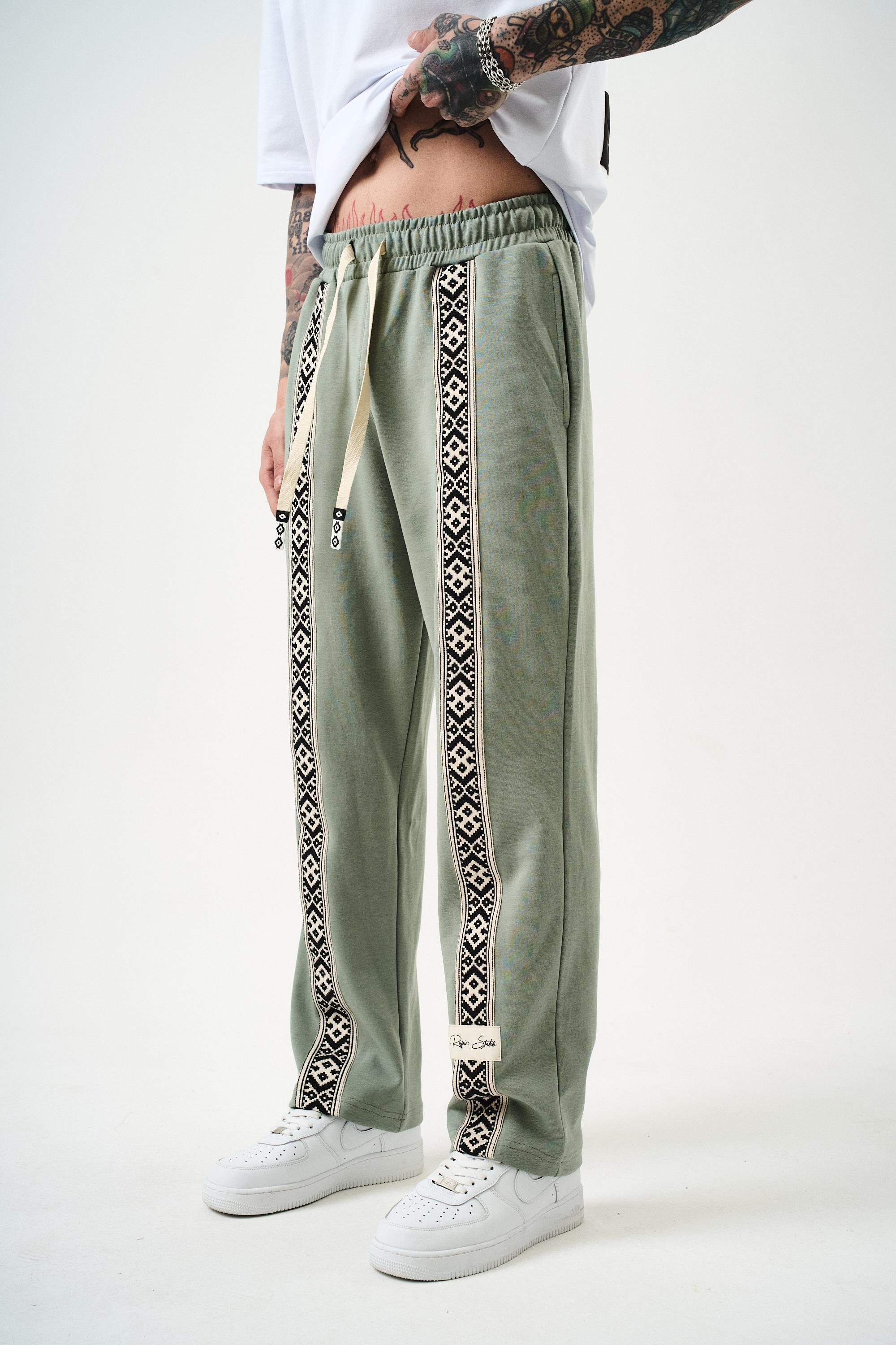 Erkek Etnik Şerit Detaylı İnterlok Baggy Eşofman Altı Mint