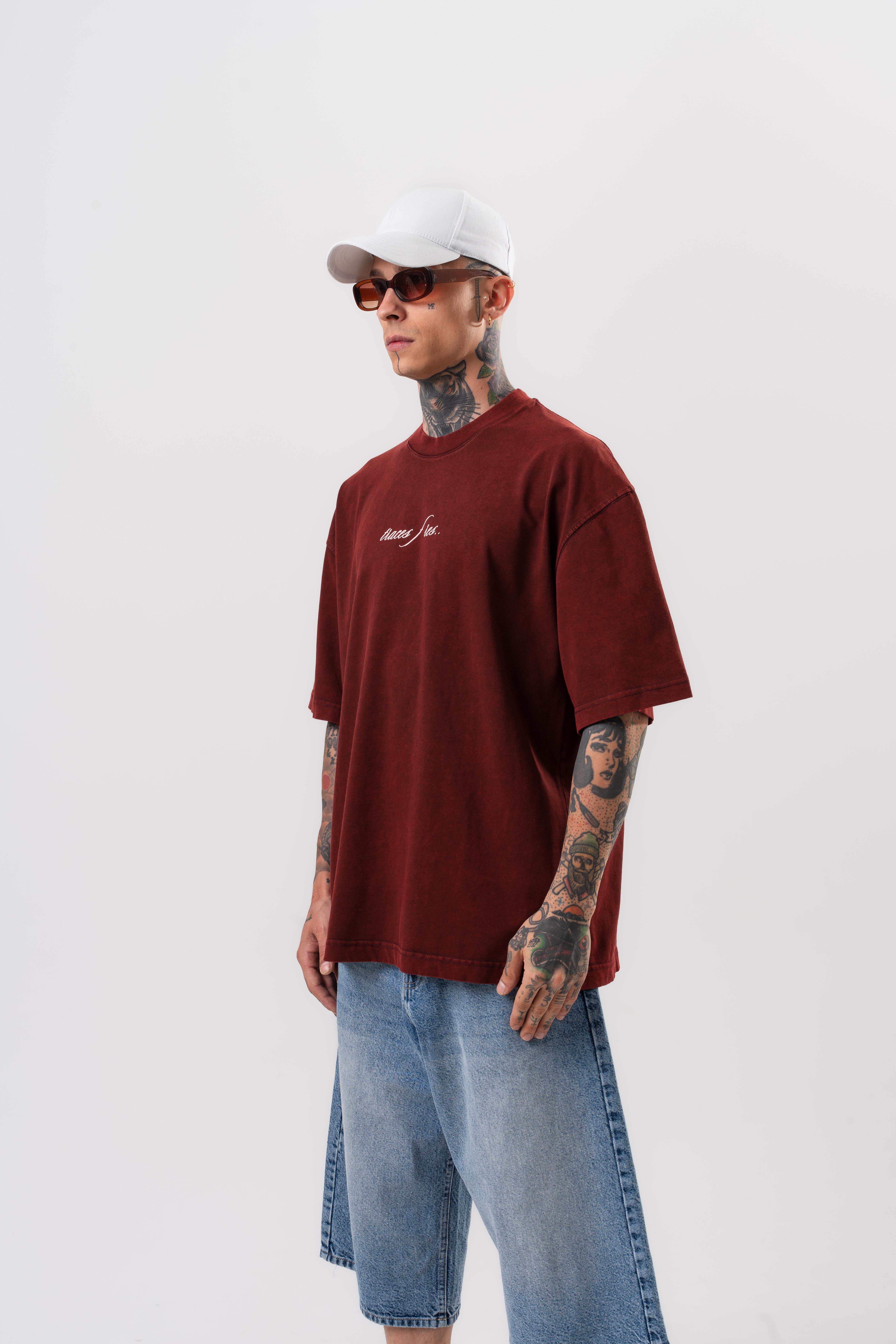 Erkek Eyes Baskılı Yıkamalı Oversize T-Shirt Bordo