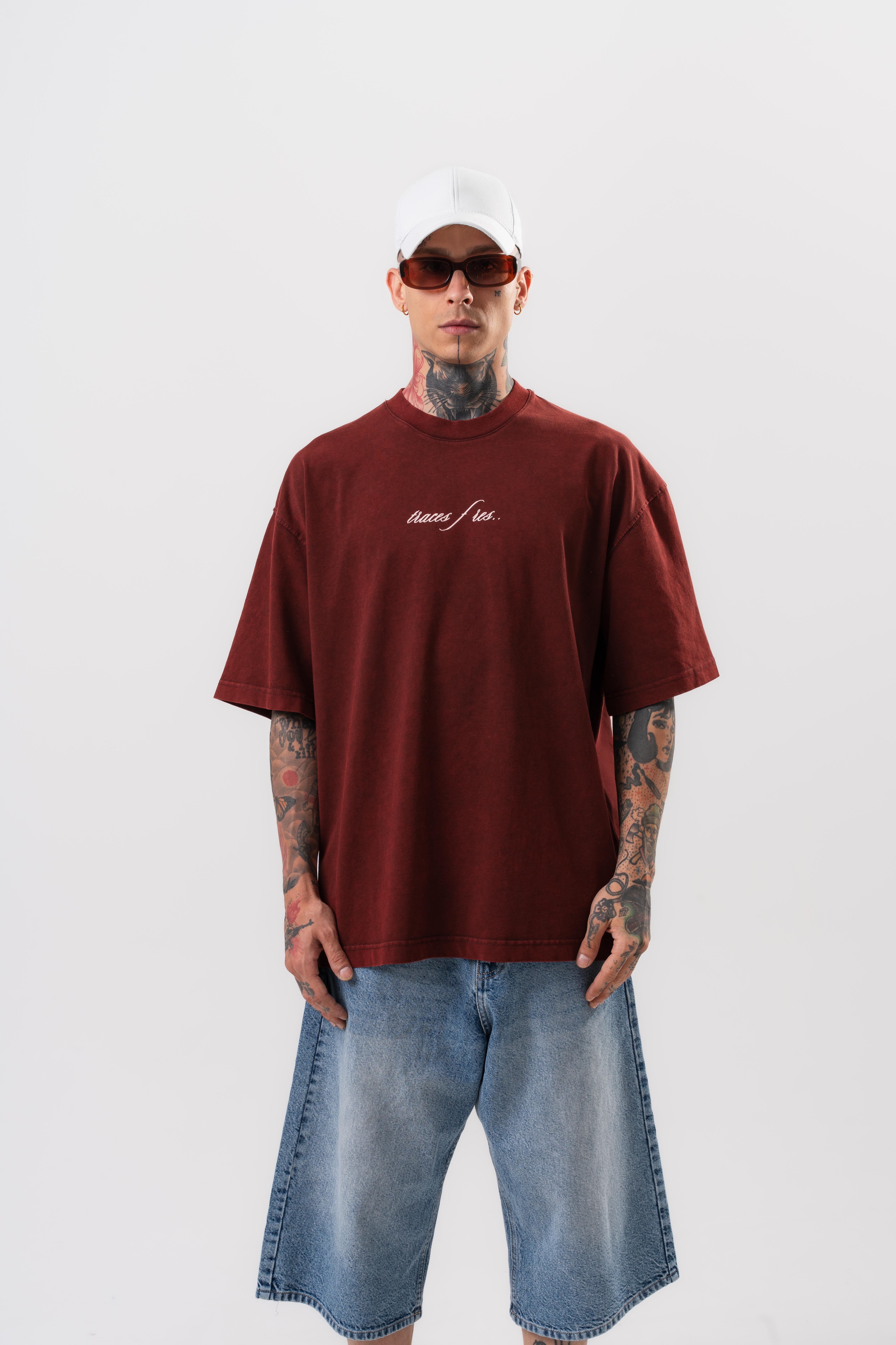 Erkek Eyes Baskılı Yıkamalı Oversize T-Shirt Bordo