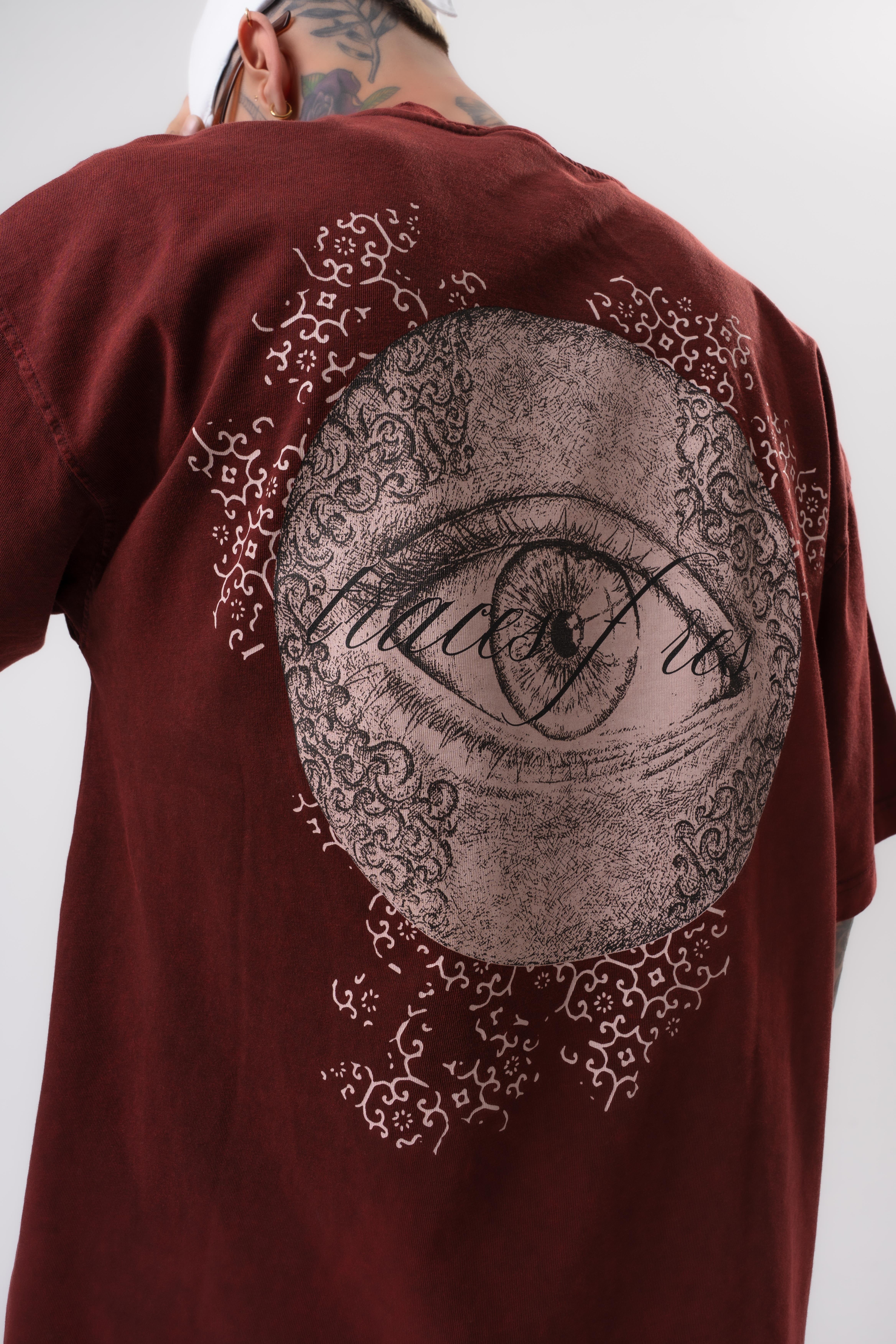 Erkek Eyes Baskılı Yıkamalı Oversize T-Shirt Bordo
