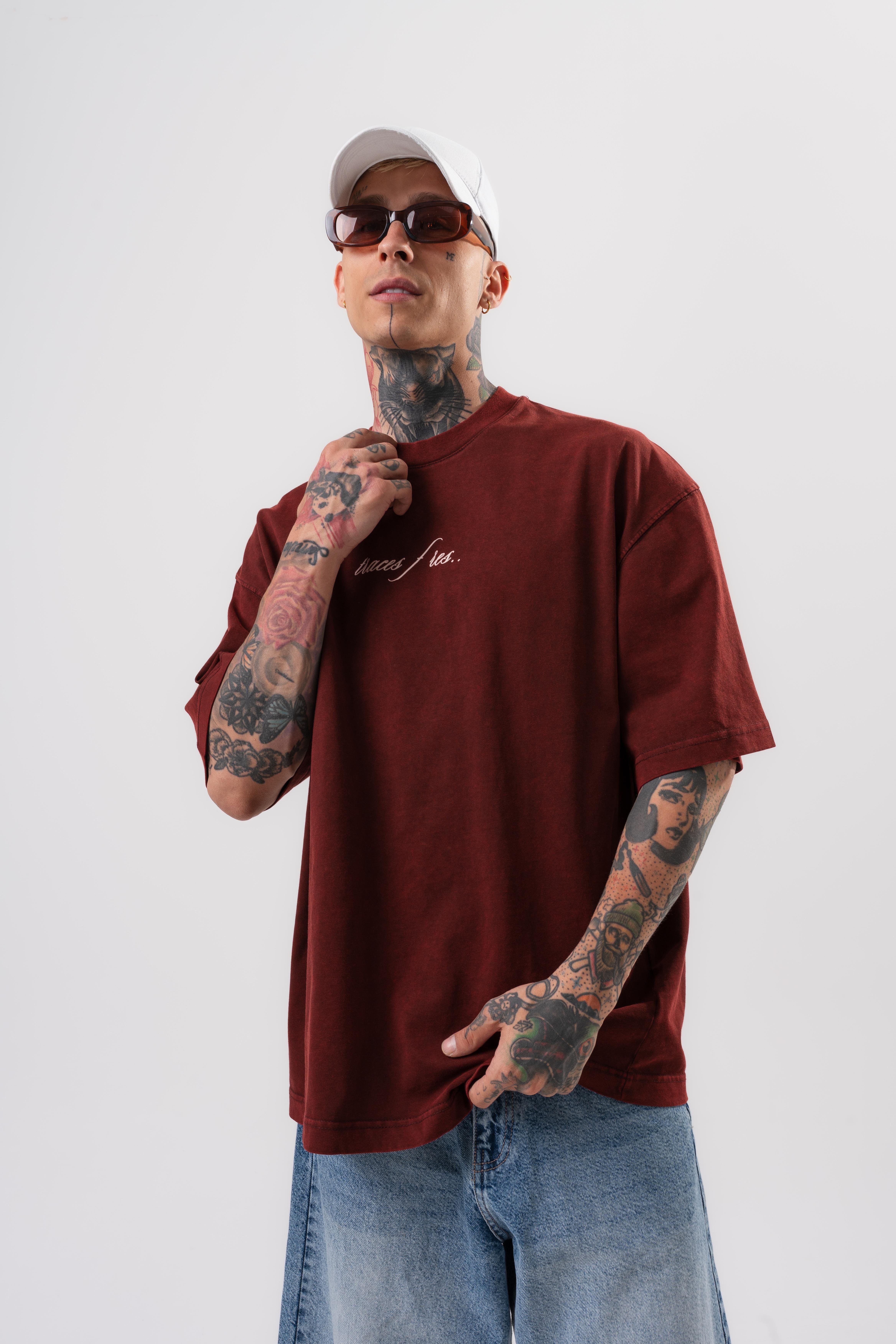 Erkek Eyes Baskılı Yıkamalı Oversize T-Shirt Bordo