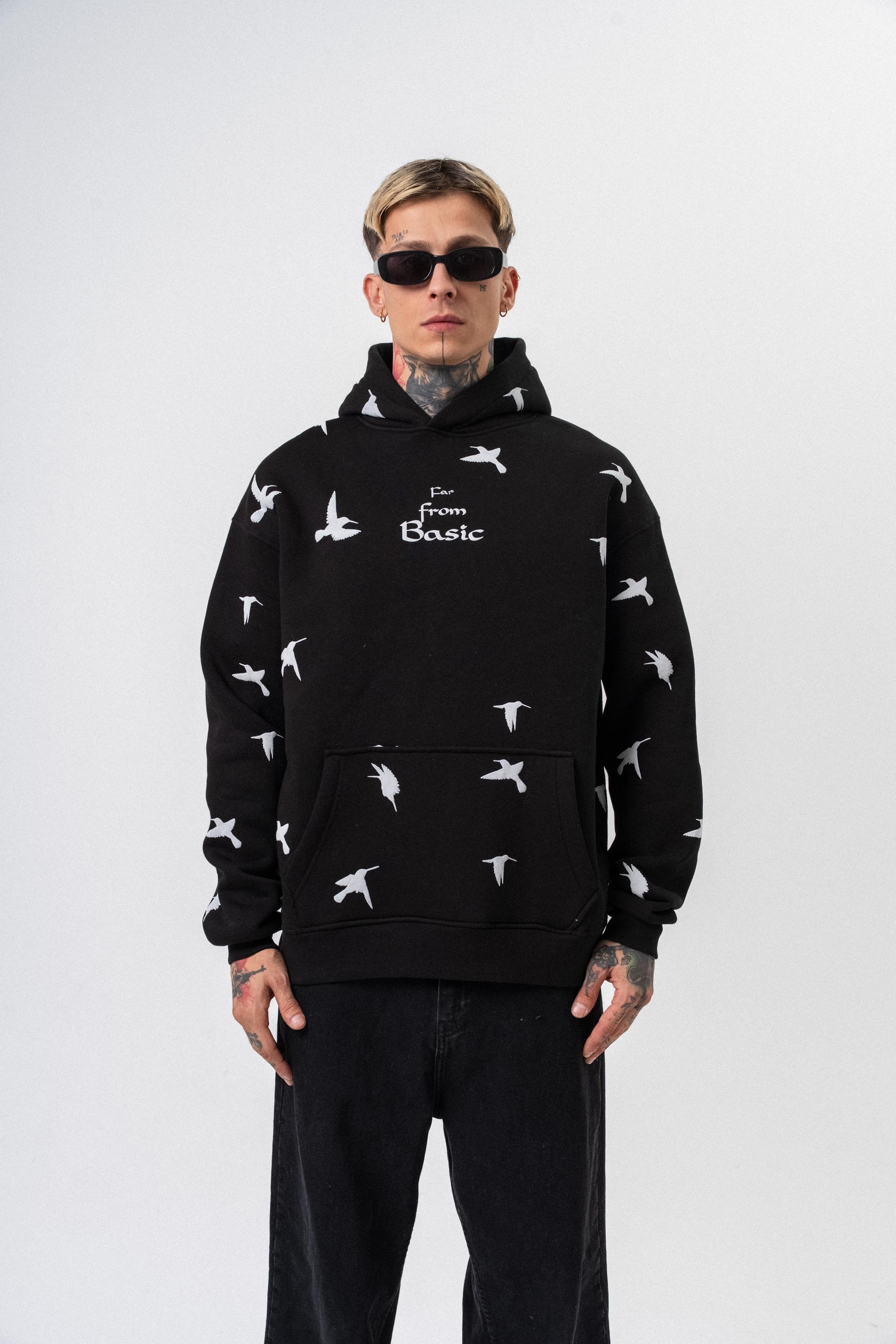 Erkek Far From Basic Baskılı Kapüşonlu Oversize Hoodie Siyah