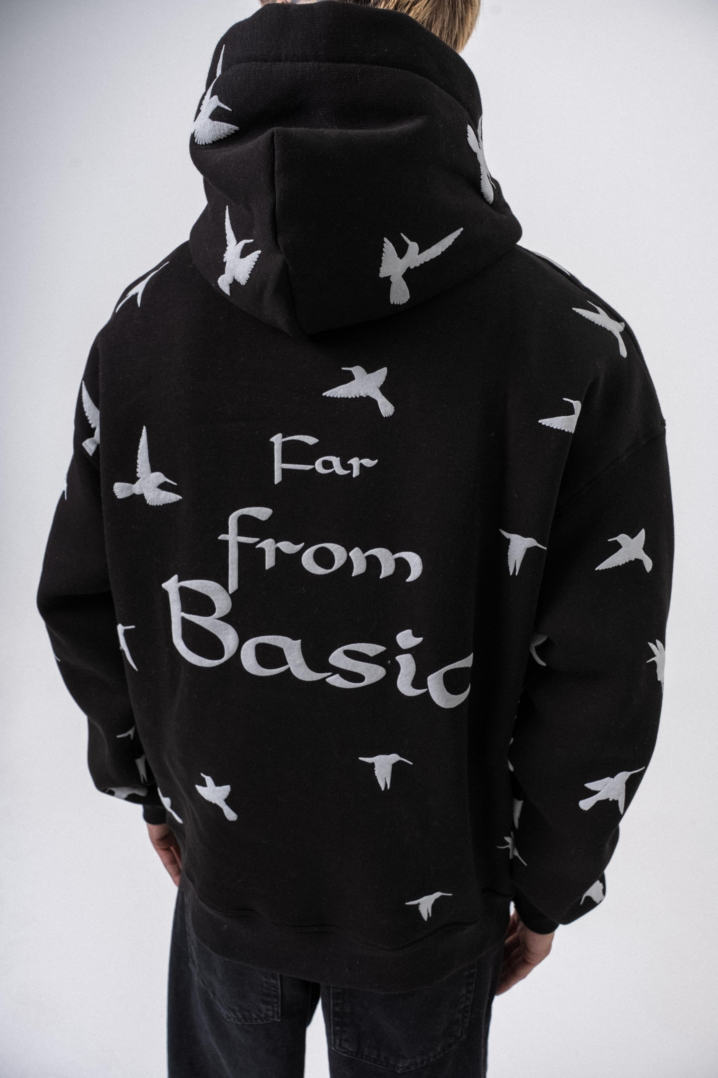 Erkek Far From Basic Baskılı Kapüşonlu Oversize Hoodie Siyah