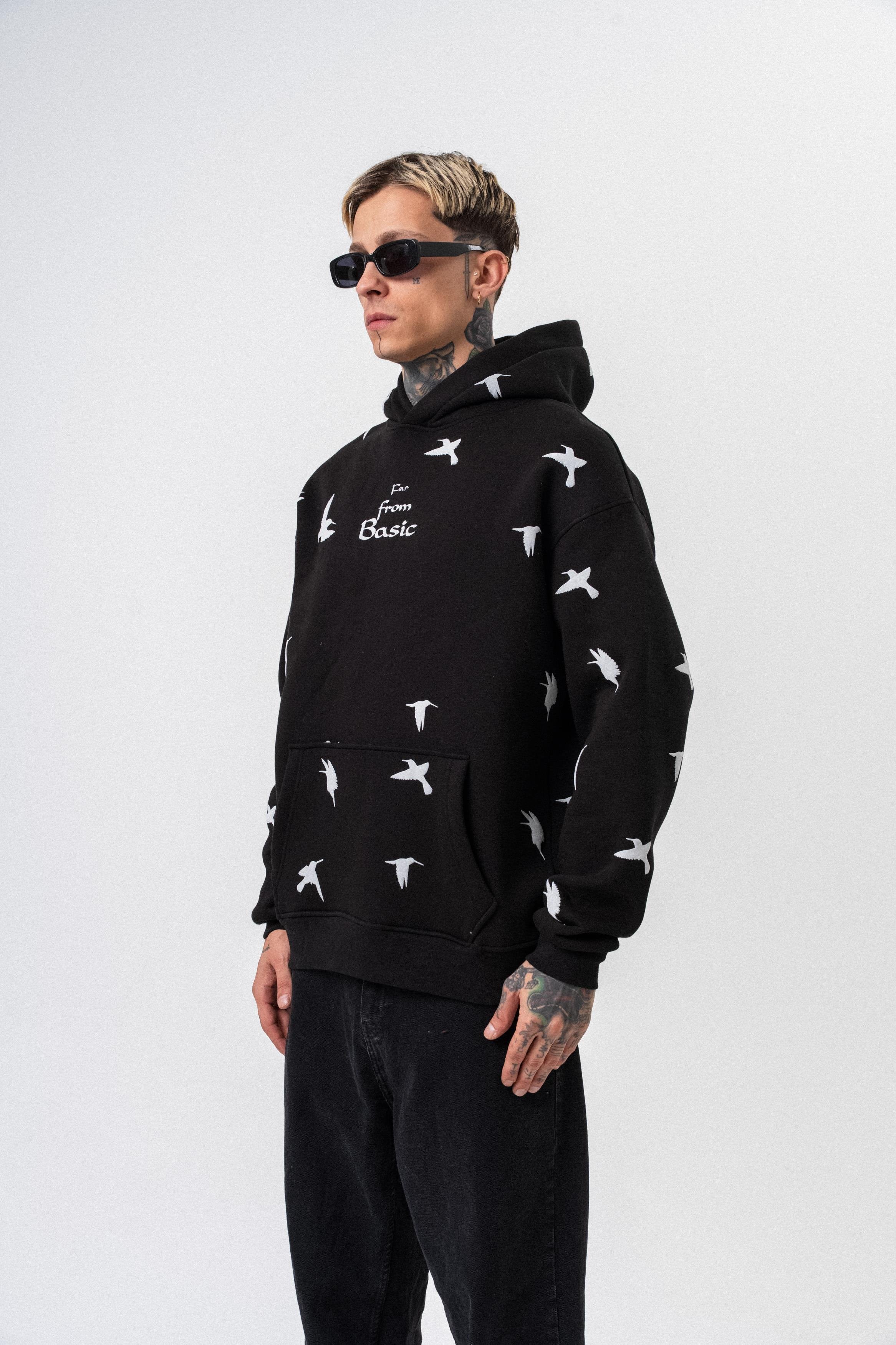 Erkek Far From Basic Baskılı Kapüşonlu Oversize Hoodie Siyah