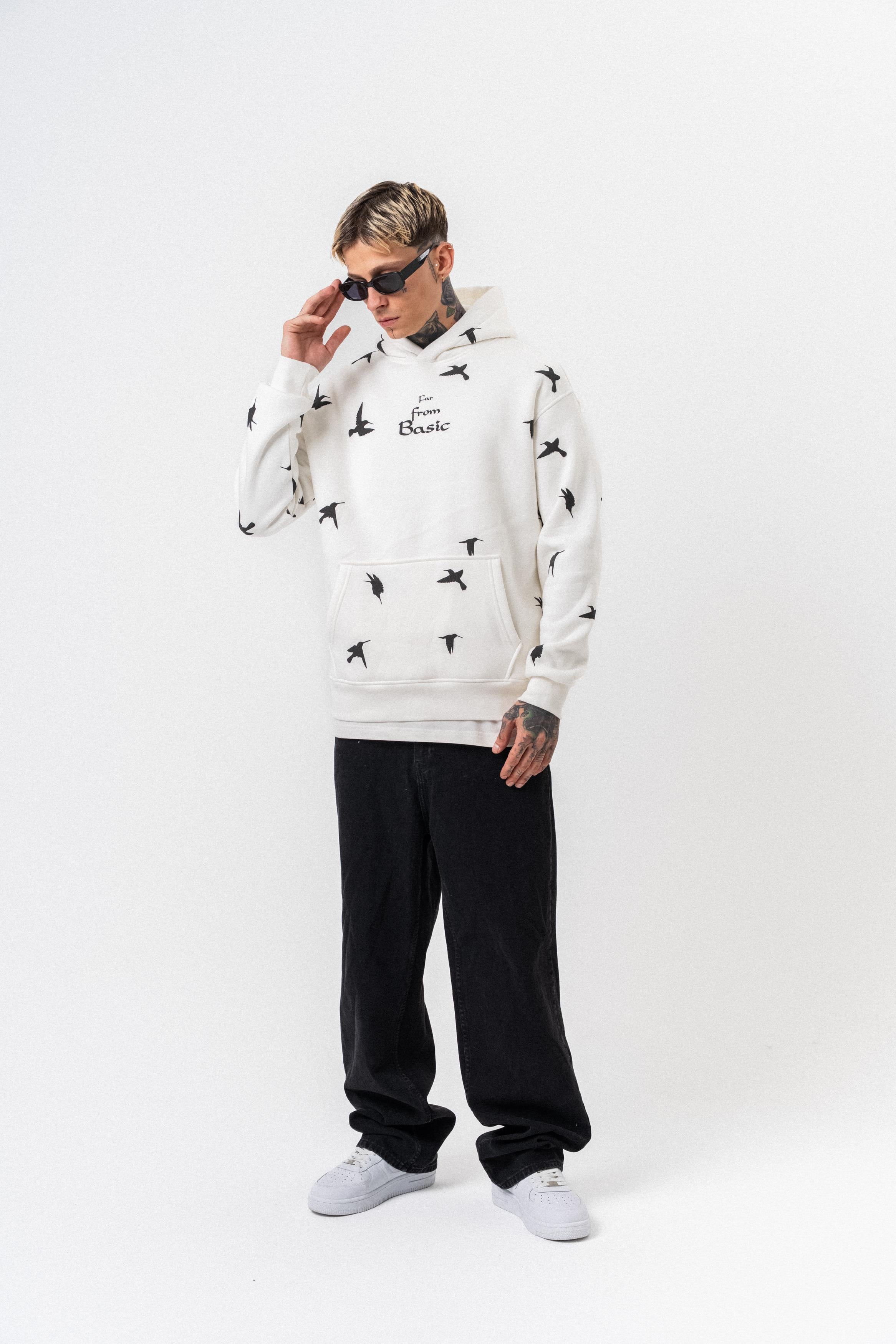 Erkek Far From Basic Baskılı Kapüşonlu Oversize Hoodie Ekru