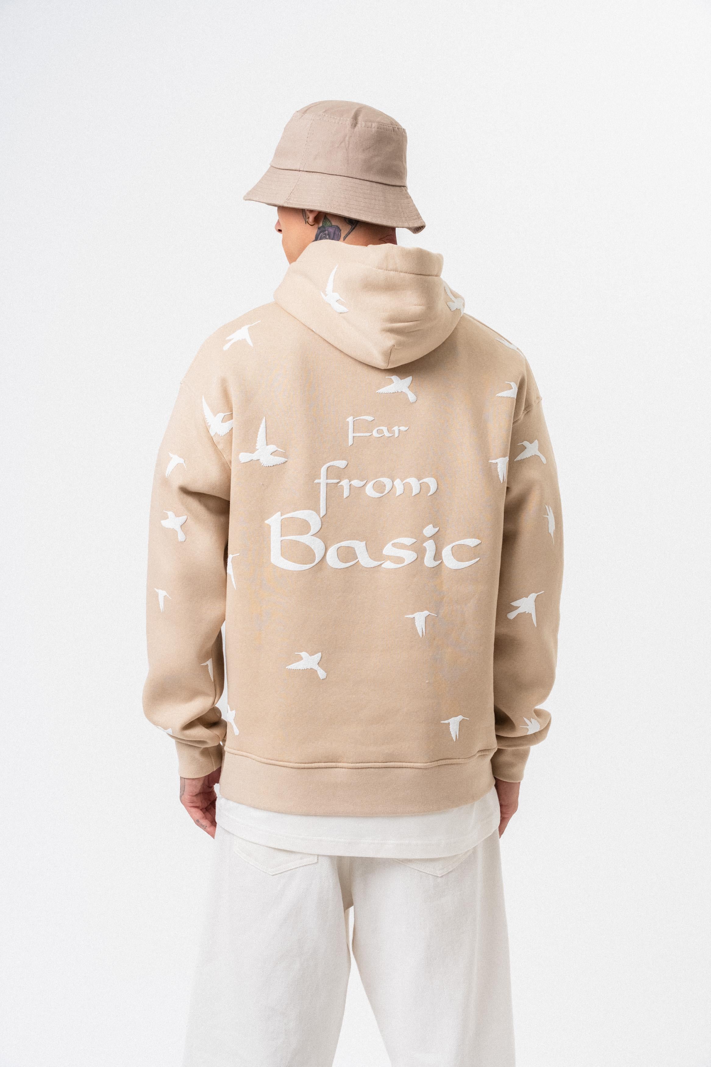 Erkek Far From Basic Baskılı Kapüşonlu Oversize Hoodie Bej