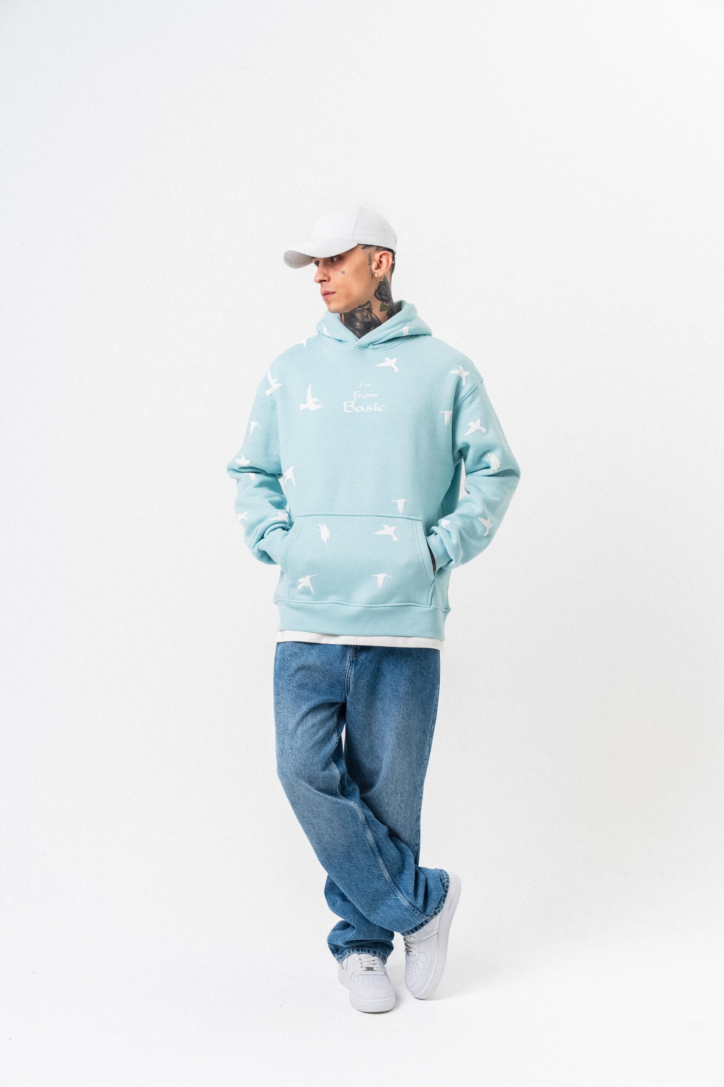 Erkek Far From Basic Baskılı Kapüşonlu Oversize Hoodie Bebe Mavi
