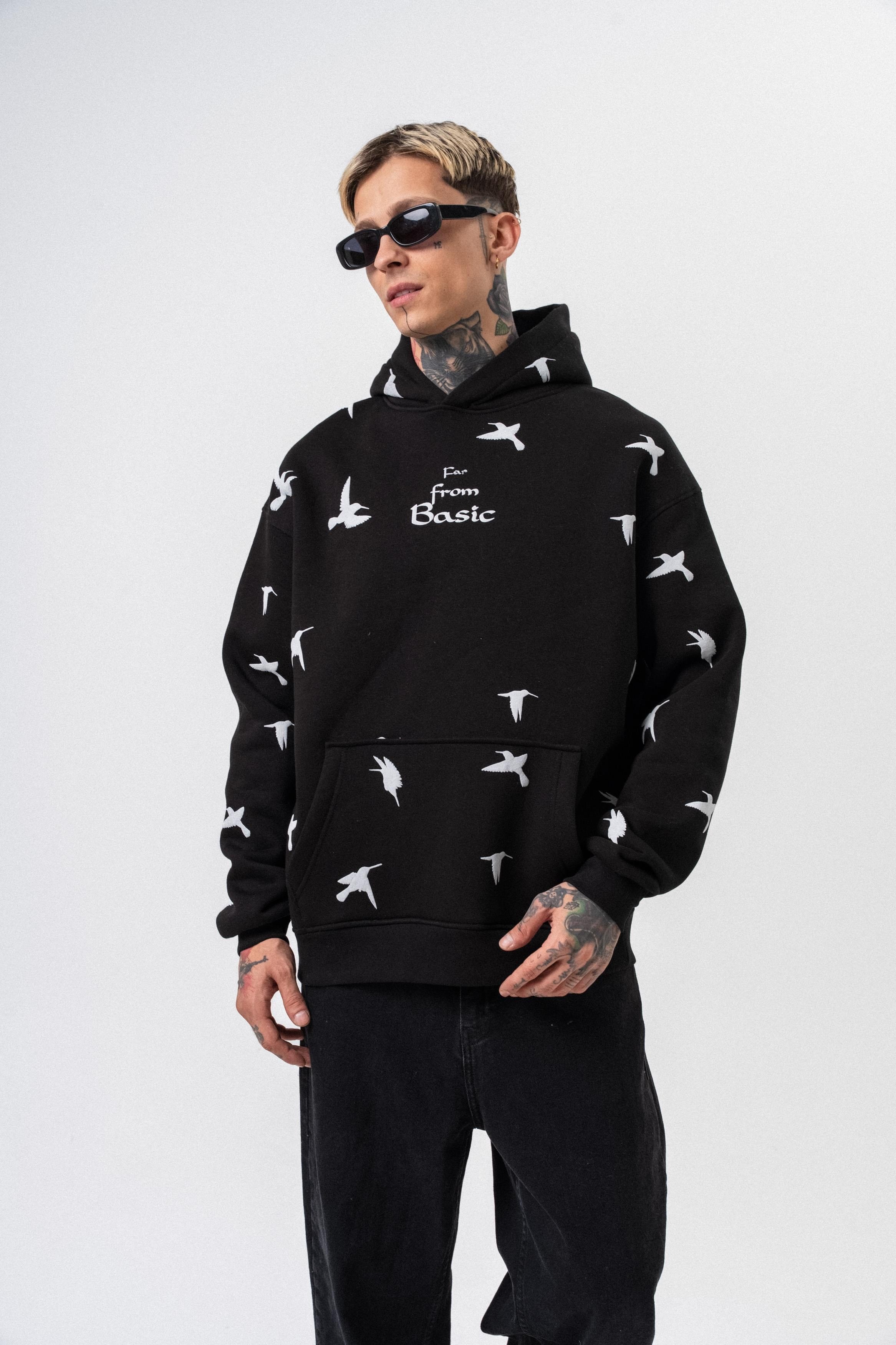 Erkek Far From Basic Baskılı Kapüşonlu Oversize Hoodie Siyah