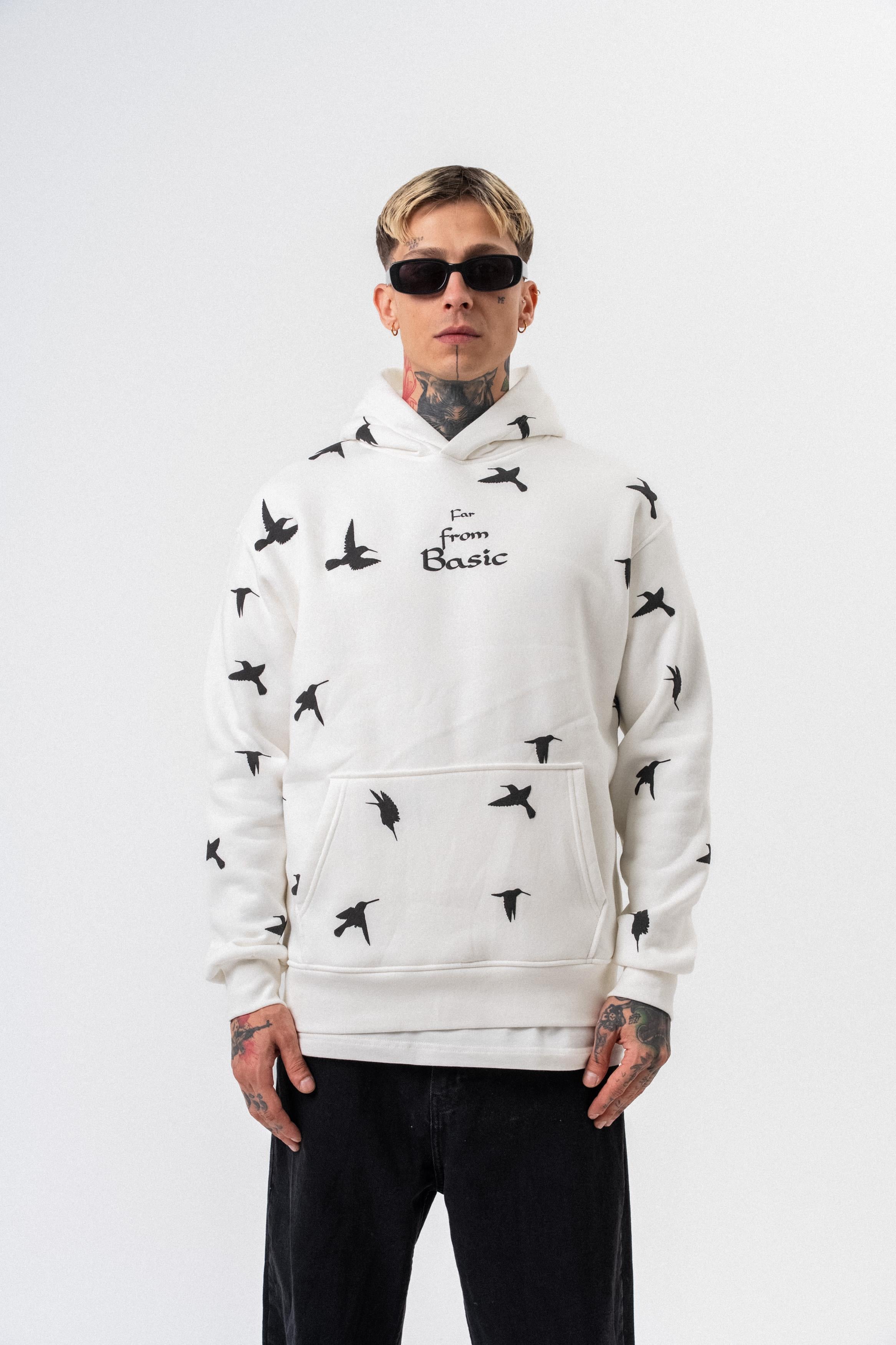 Erkek Far From Basic Baskılı Kapüşonlu Oversize Hoodie Ekru