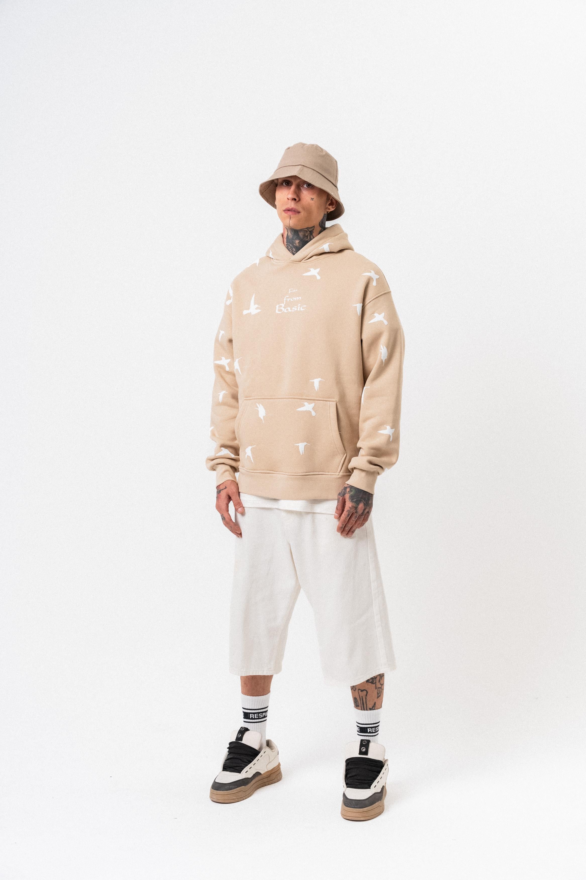 Erkek Far From Basic Baskılı Kapüşonlu Oversize Hoodie Bej