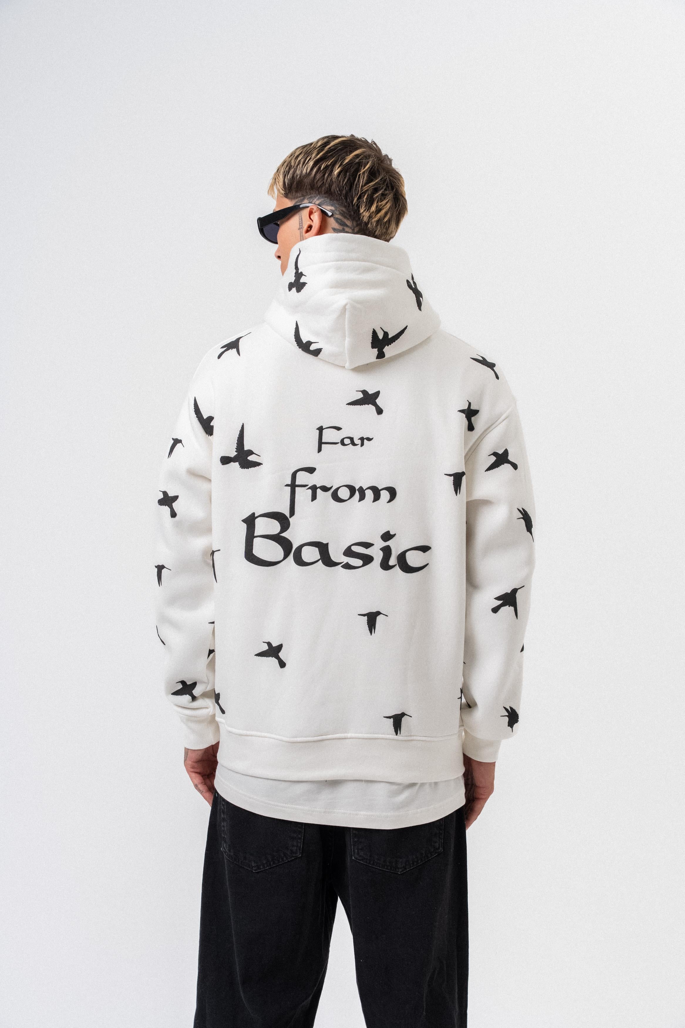 Erkek Far From Basic Baskılı Kapüşonlu Oversize Hoodie Ekru