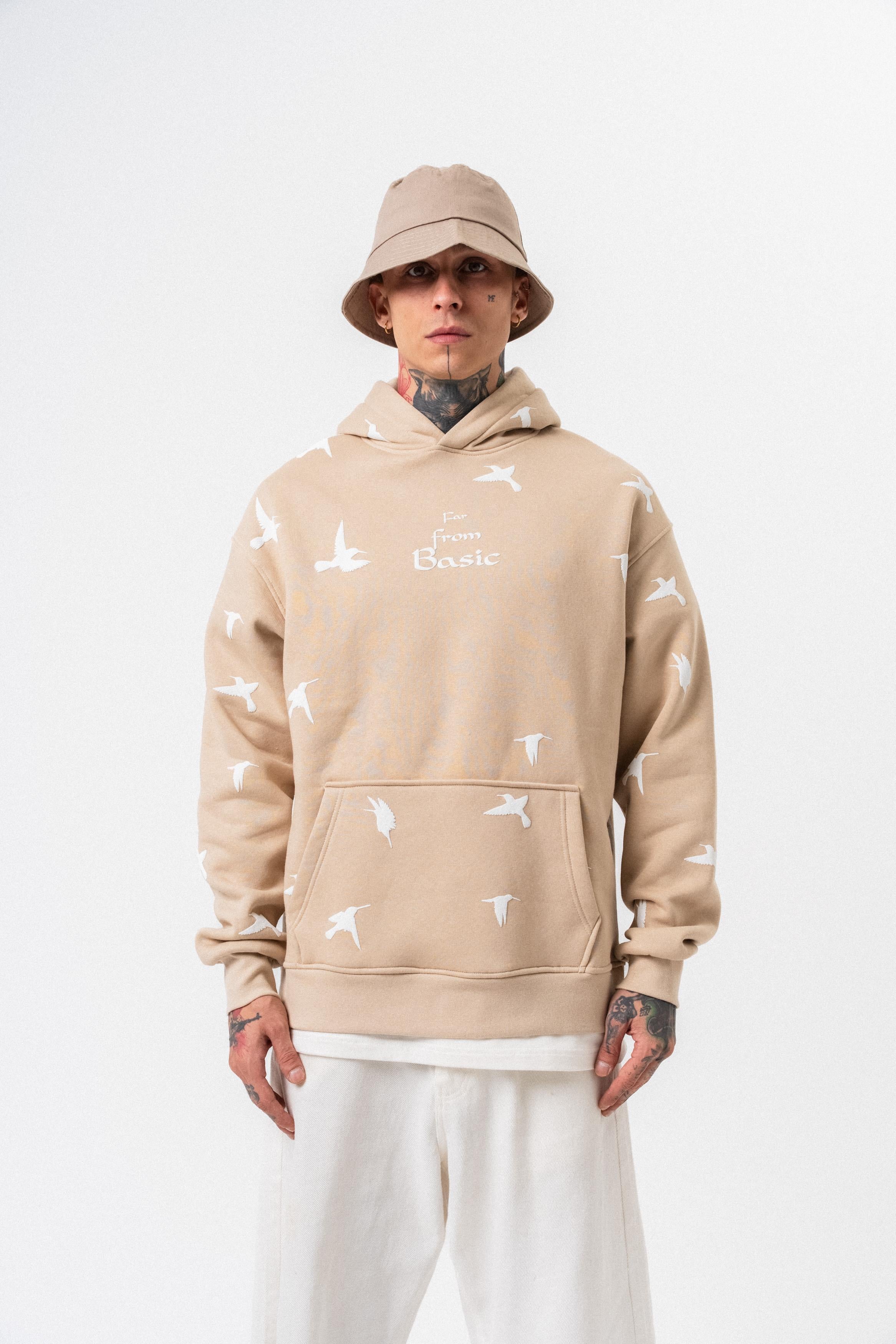 Erkek Far From Basic Baskılı Kapüşonlu Oversize Hoodie Bej