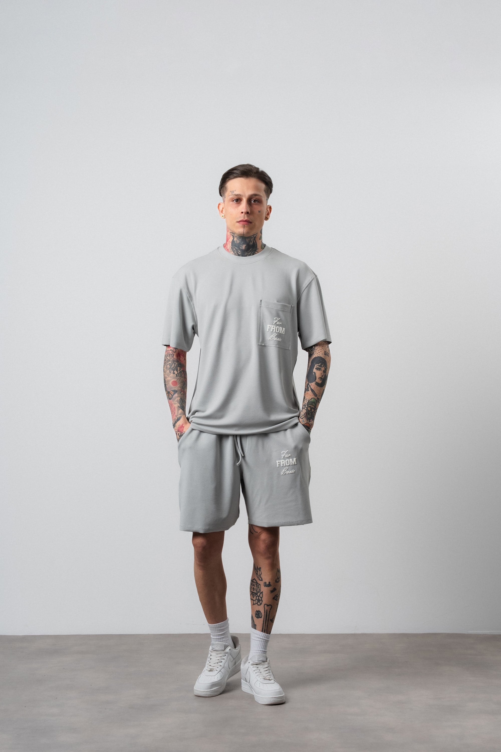 Erkek Far From Basic Baskılı Regular Fit T-Shirt Şort Takım Gri