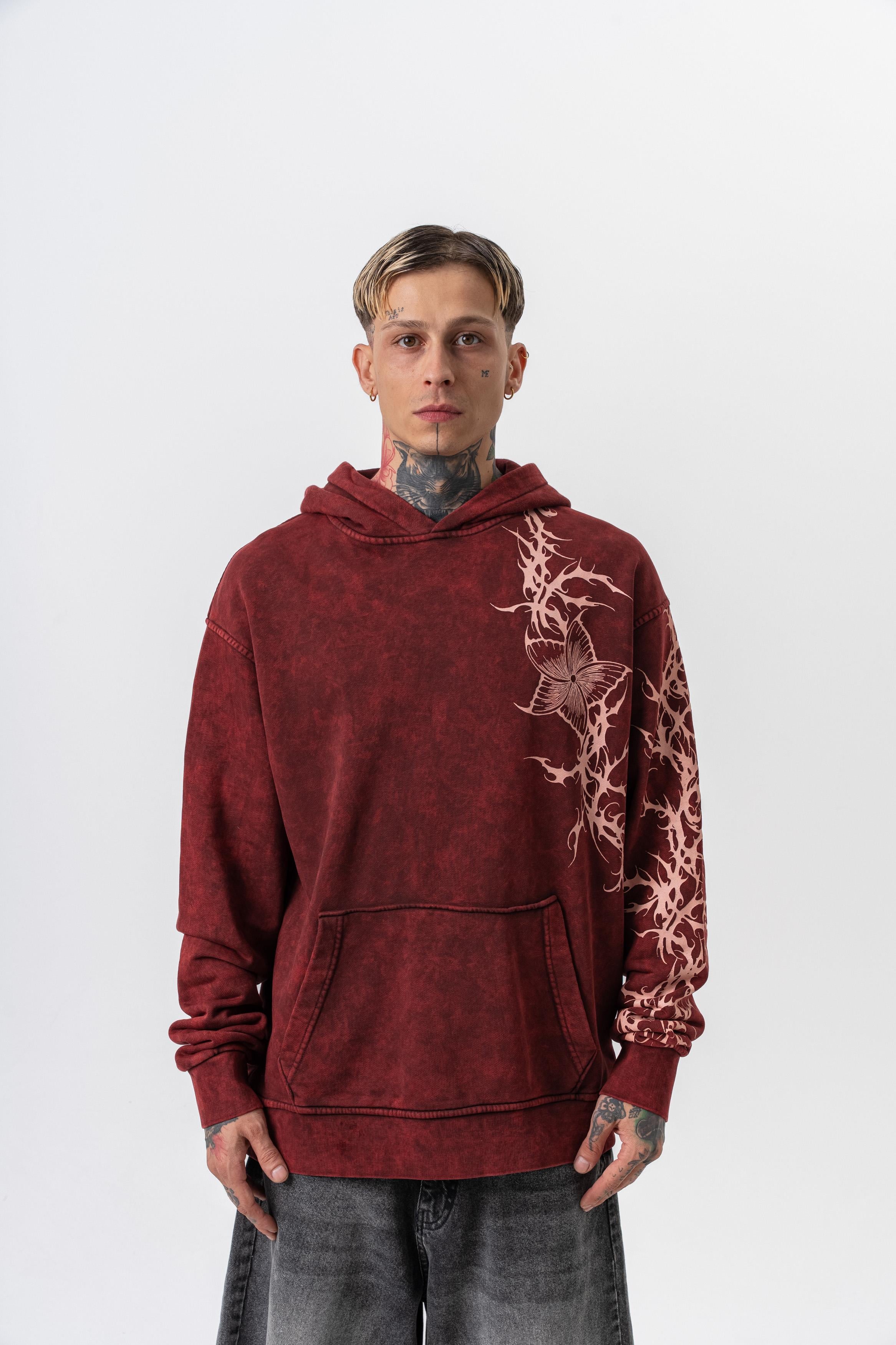Erkek Far From Basic Baskılı Yıkamalı Kapüşonlu Oversize Hoodie Bordo
