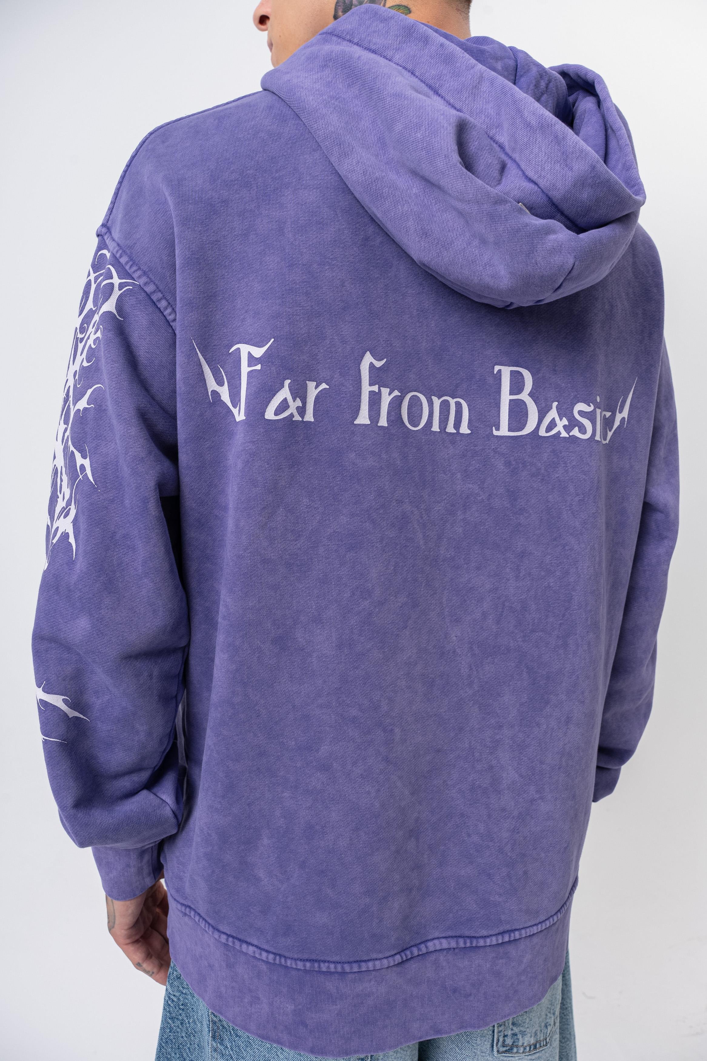 Erkek Far From Basic Baskılı Yıkamalı Kapüşonlu Oversize Hoodie Mor