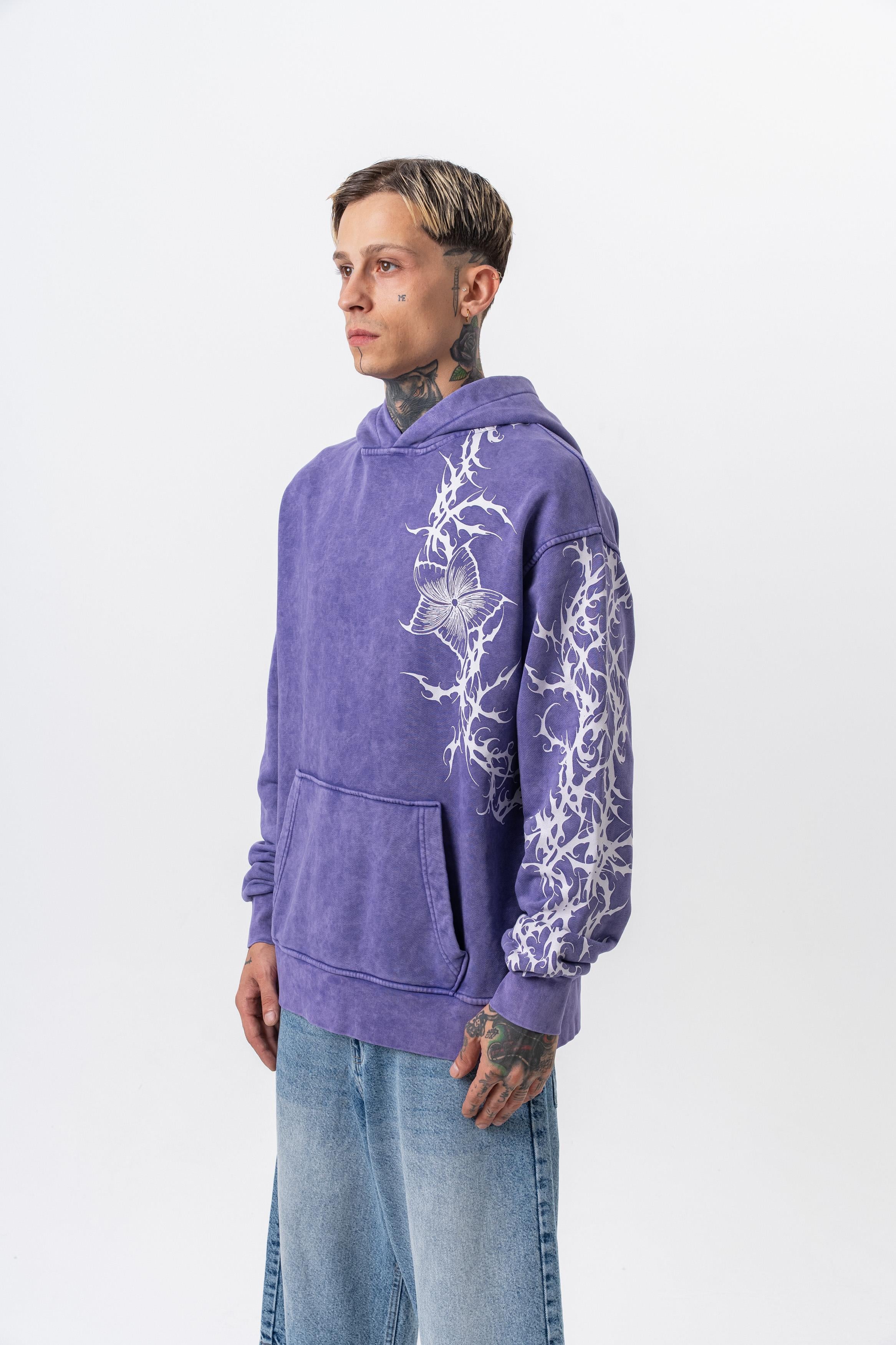 Erkek Far From Basic Baskılı Yıkamalı Kapüşonlu Oversize Hoodie Mor