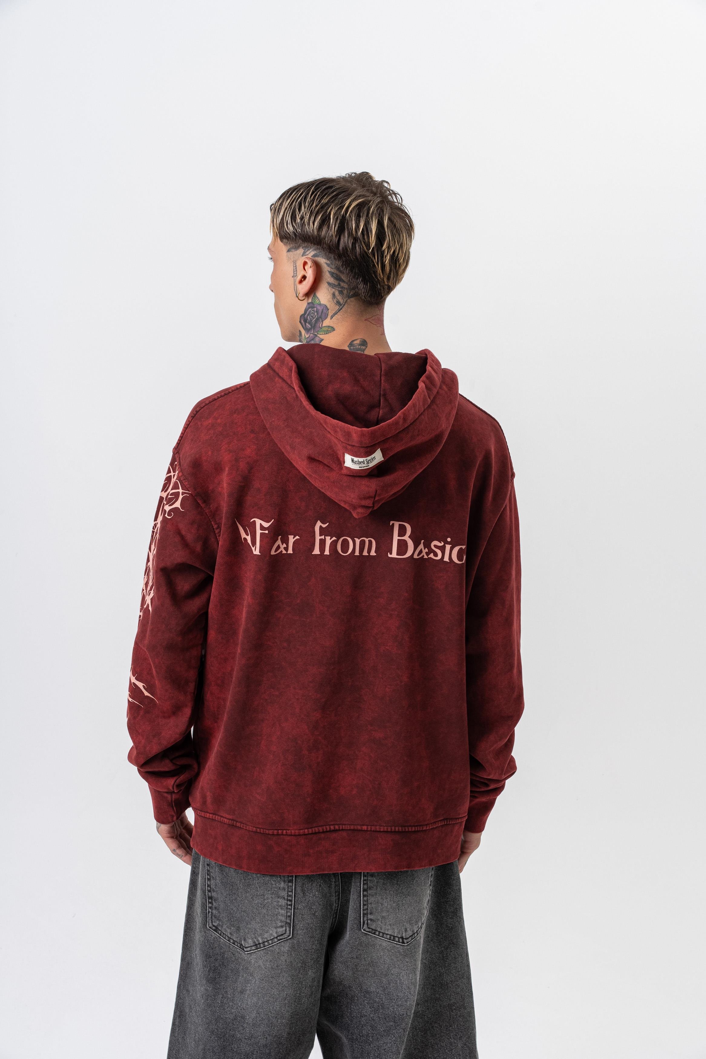 Erkek Far From Basic Baskılı Yıkamalı Kapüşonlu Oversize Hoodie Bordo