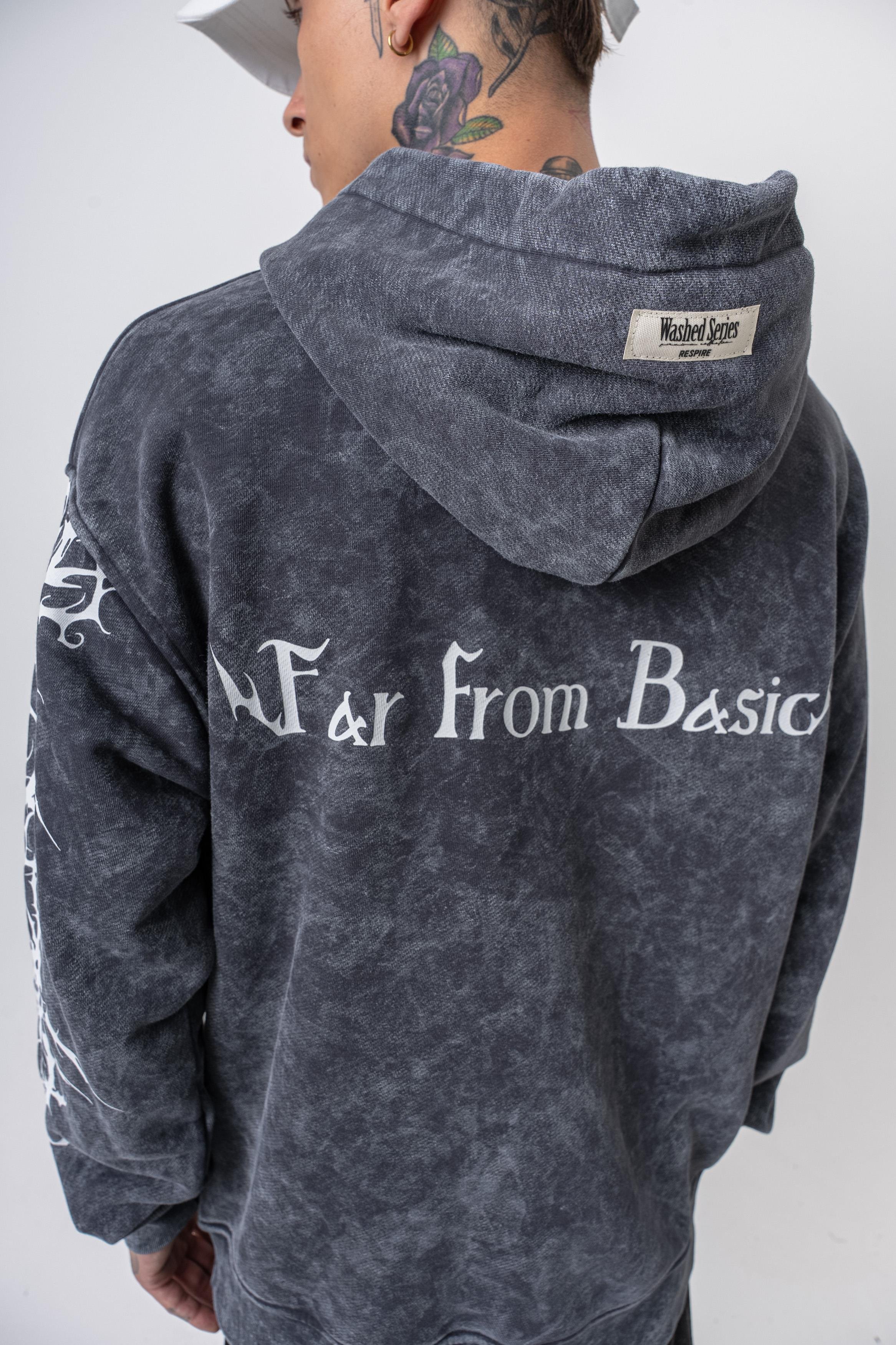 Erkek Far From Basic Baskılı Yıkamalı Kapüşonlu Oversize Hoodie Siyah