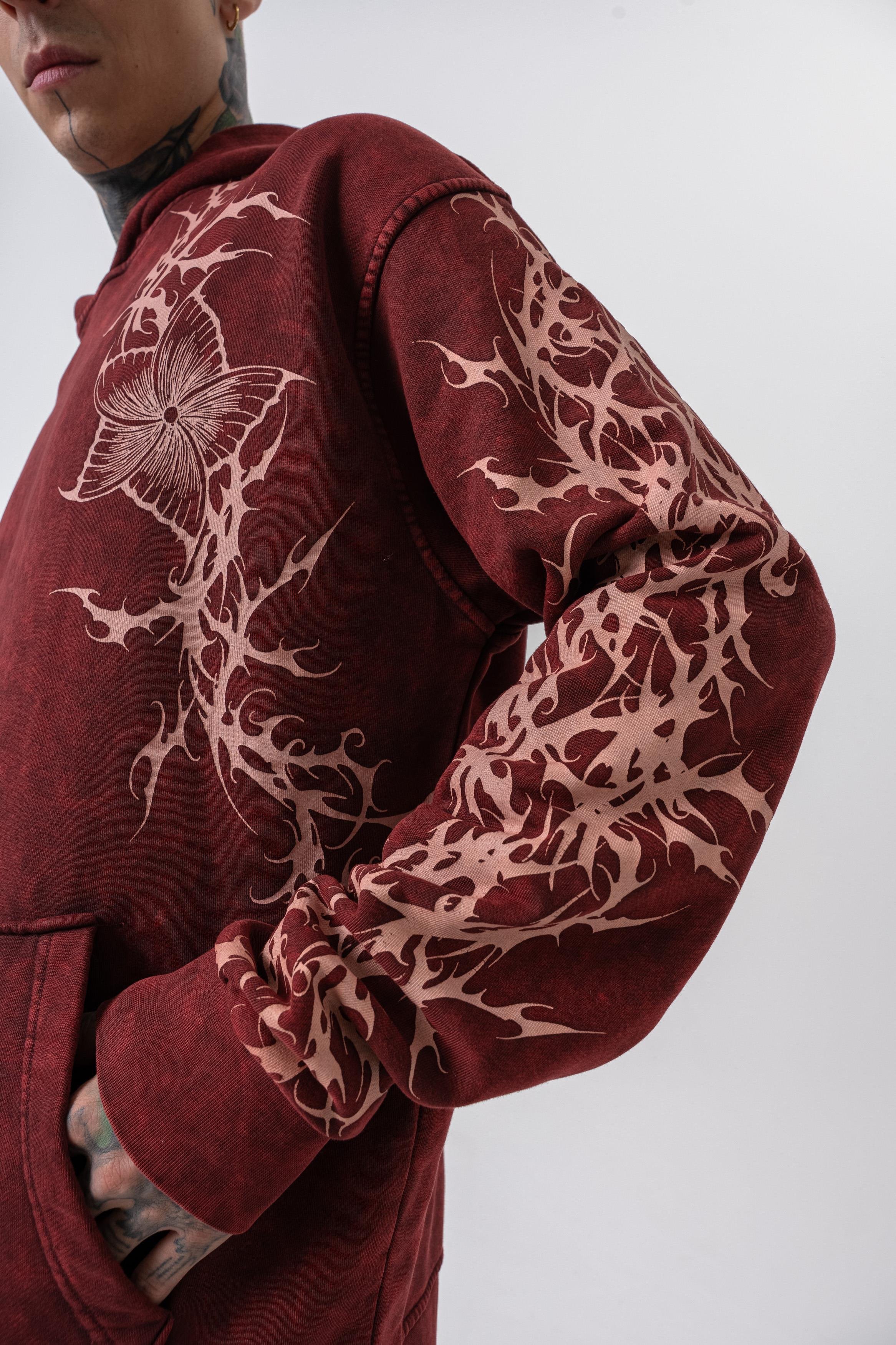 Erkek Far From Basic Baskılı Yıkamalı Kapüşonlu Oversize Hoodie Bordo