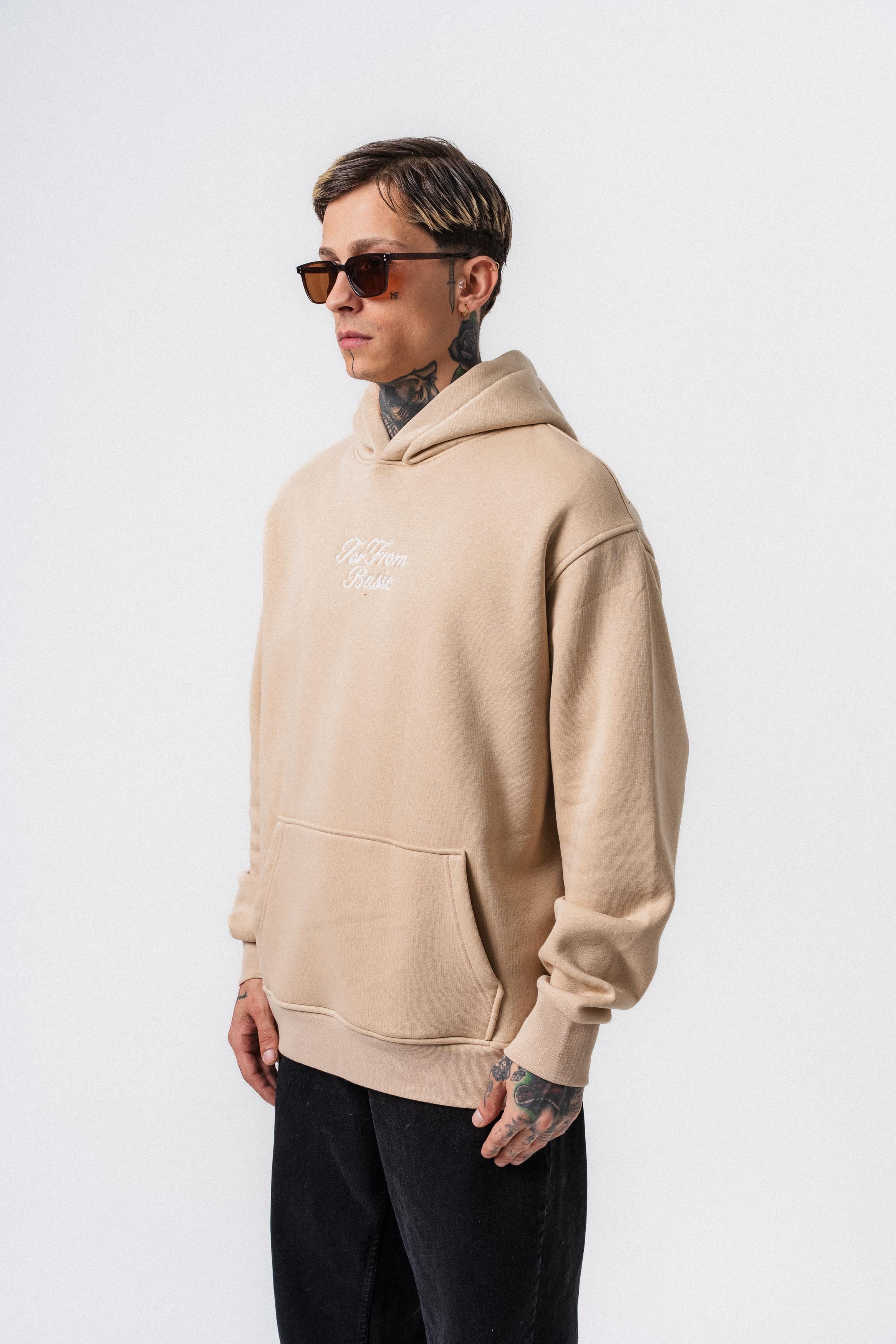 Erkek Far From Basic Nakışlı Kapüşonlu Oversize Hoodie Bej