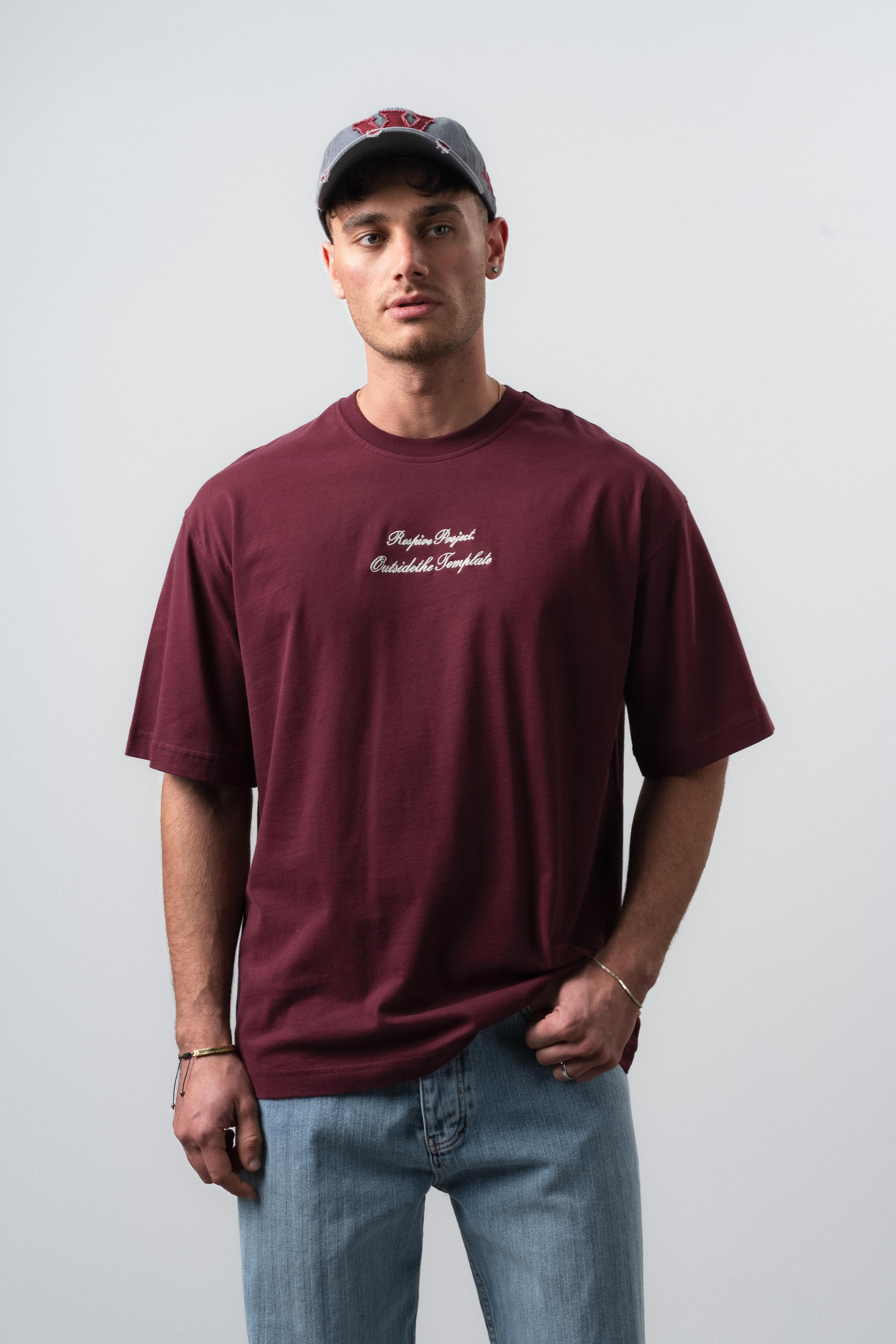 Erkek Far From Basic Nakışlı Oversize T-Shirt Bordo