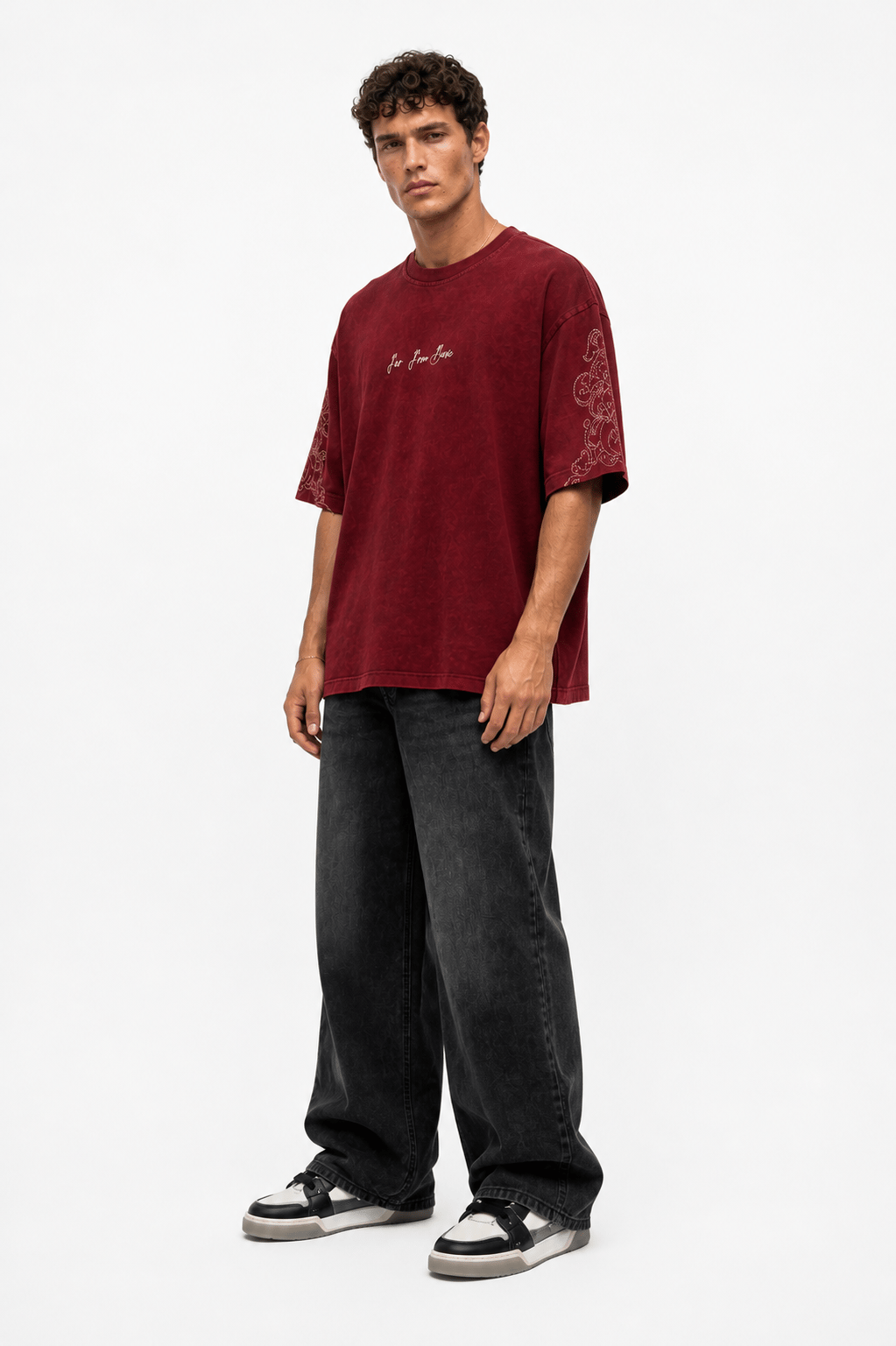 Erkek Far From Basic Yıkamalı Oversize T-Shirt Bordo