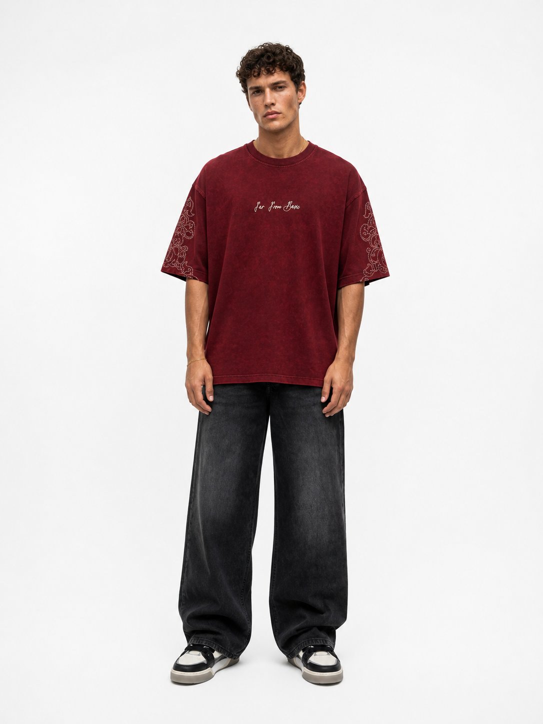 Erkek Far From Basic Yıkamalı Oversize T-Shirt Bordo