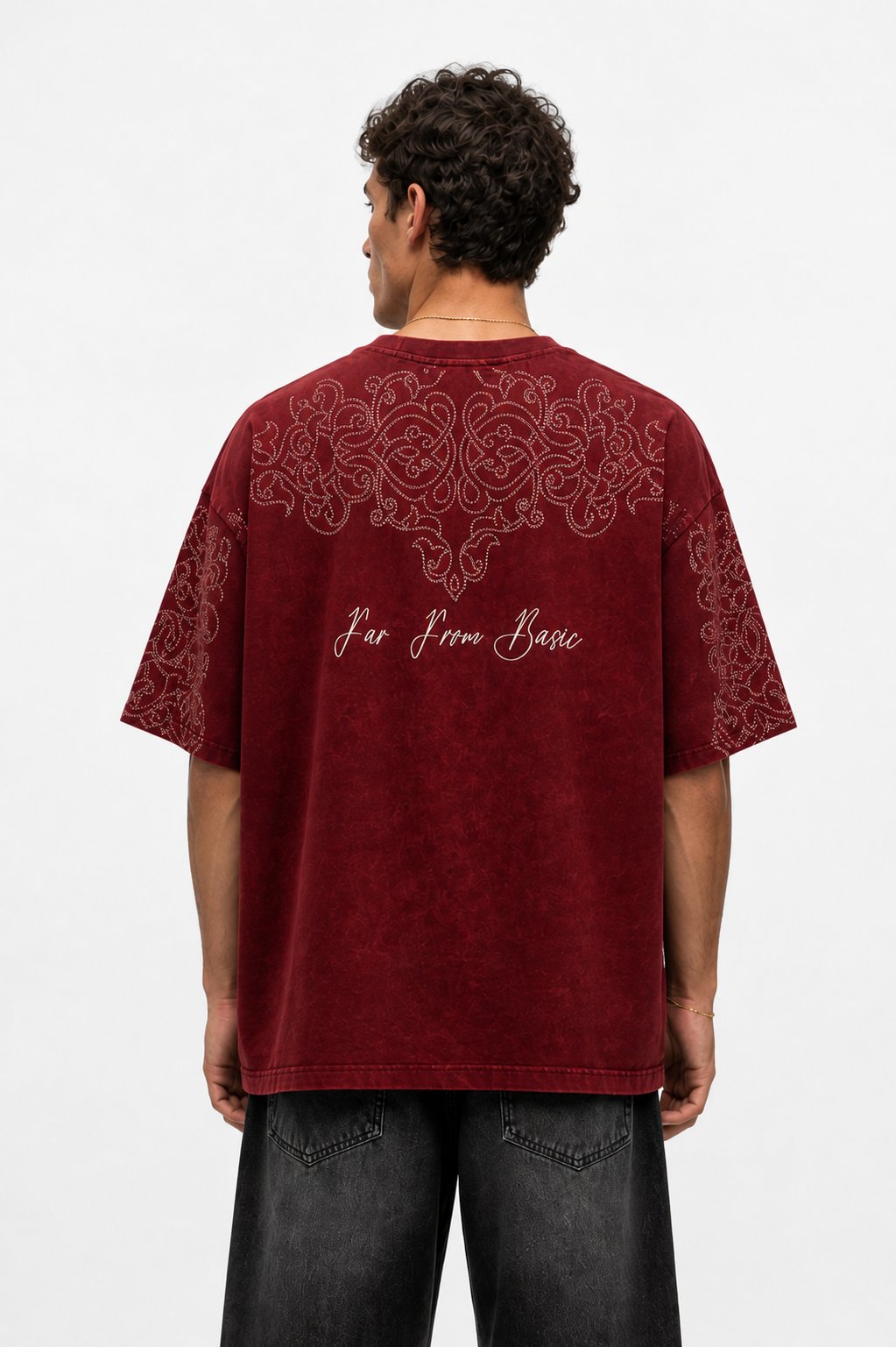 Erkek Far From Basic Yıkamalı Oversize T-Shirt Bordo