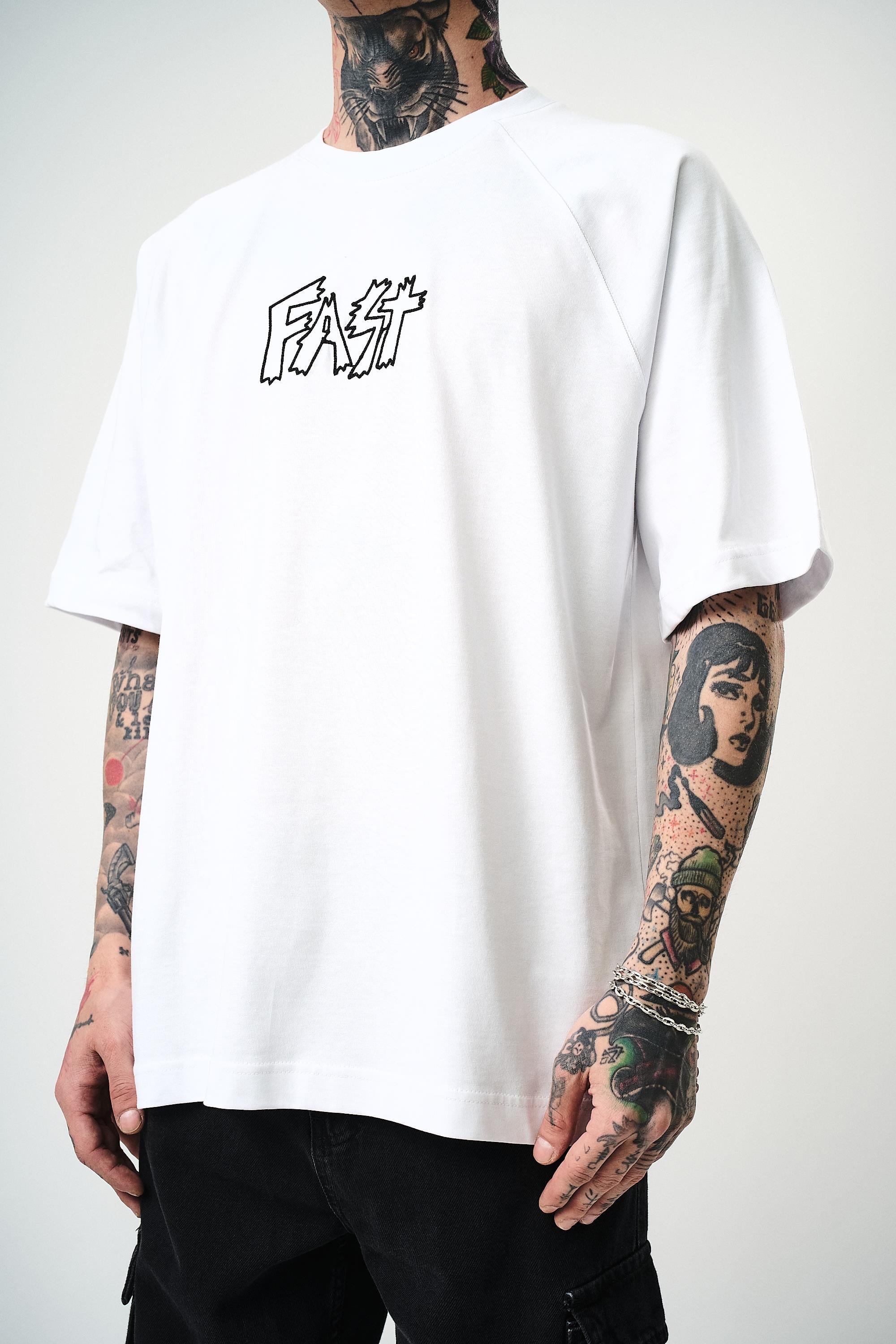 Erkek Fast Nakışlı Oversize T-Shirt Beyaz
