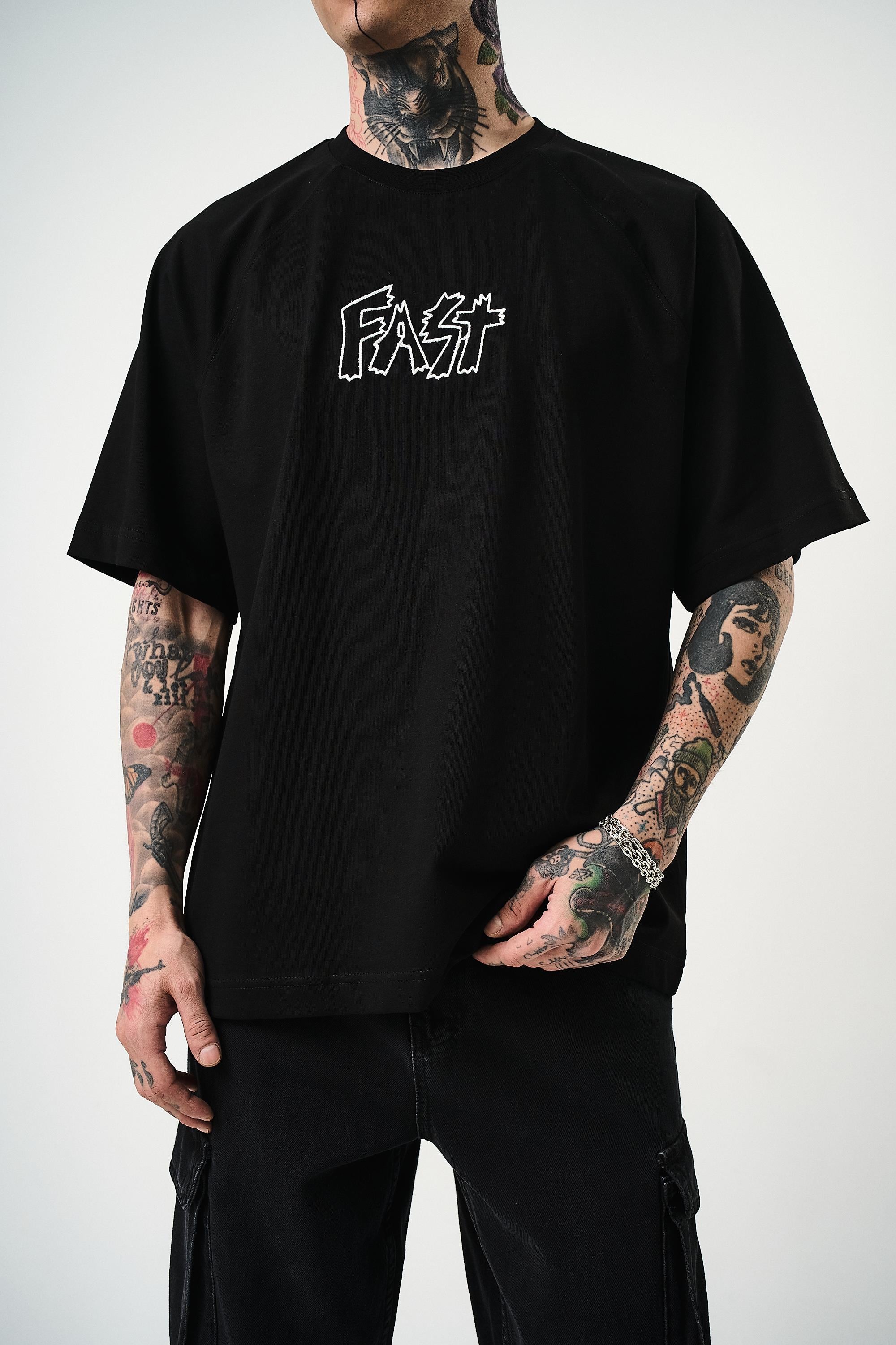 Erkek Fast Nakışlı Oversize T-Shirt Siyah