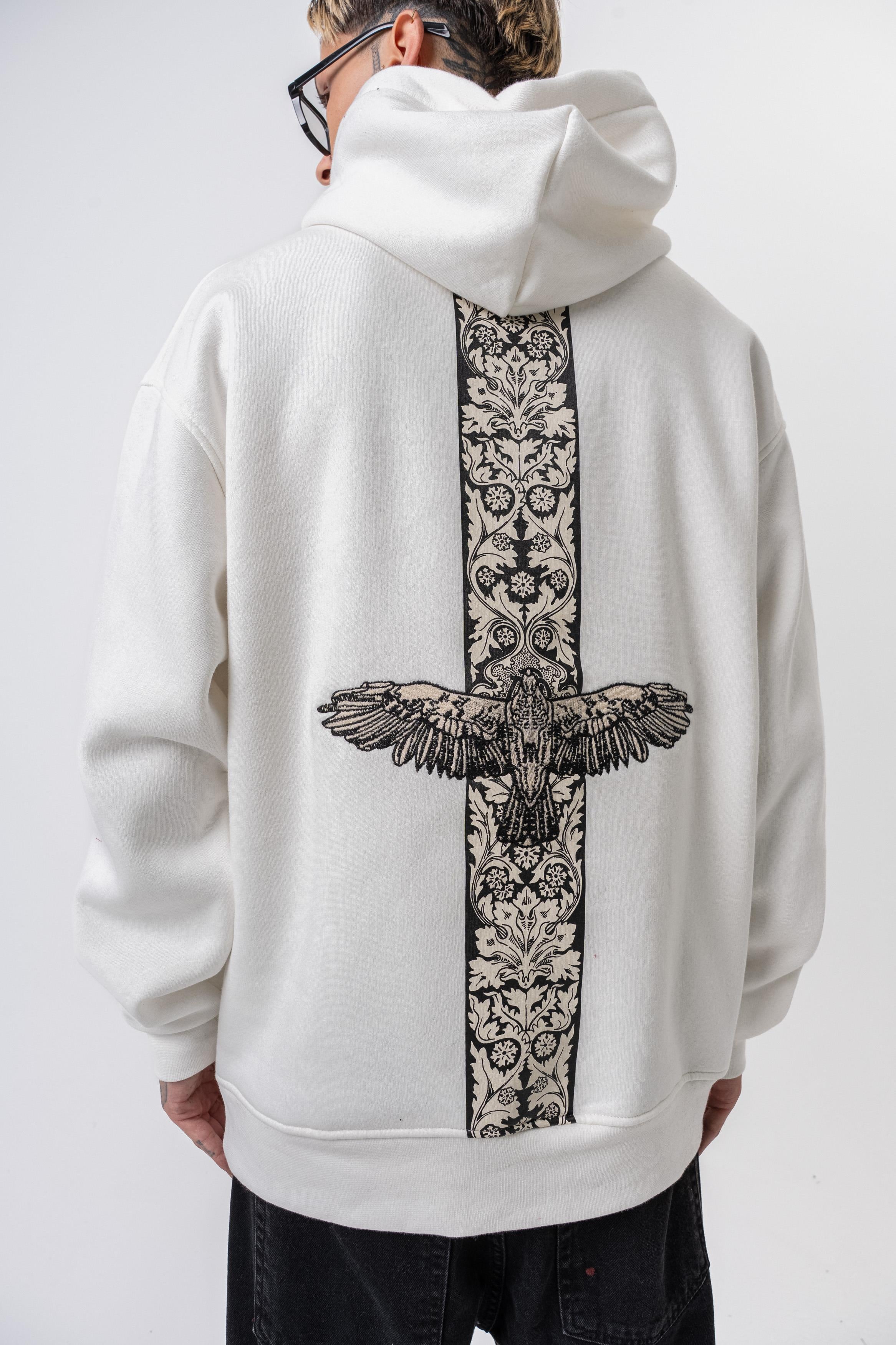 Erkek Feel Baskılı Kapüşonlu Oversize Hoodie Ekru