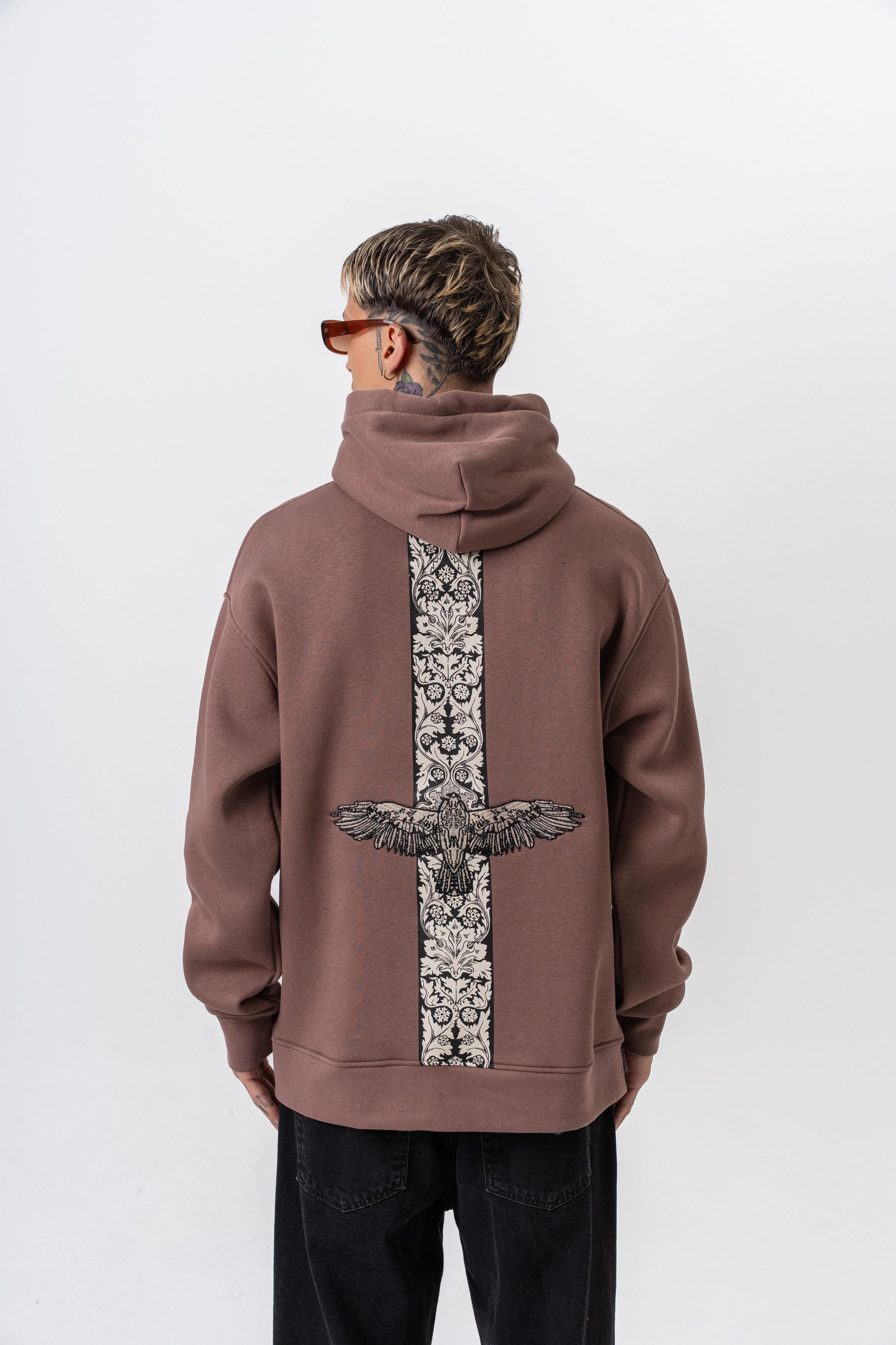 Erkek Feel Baskılı Kapüşonlu Oversize Hoodie Kakao