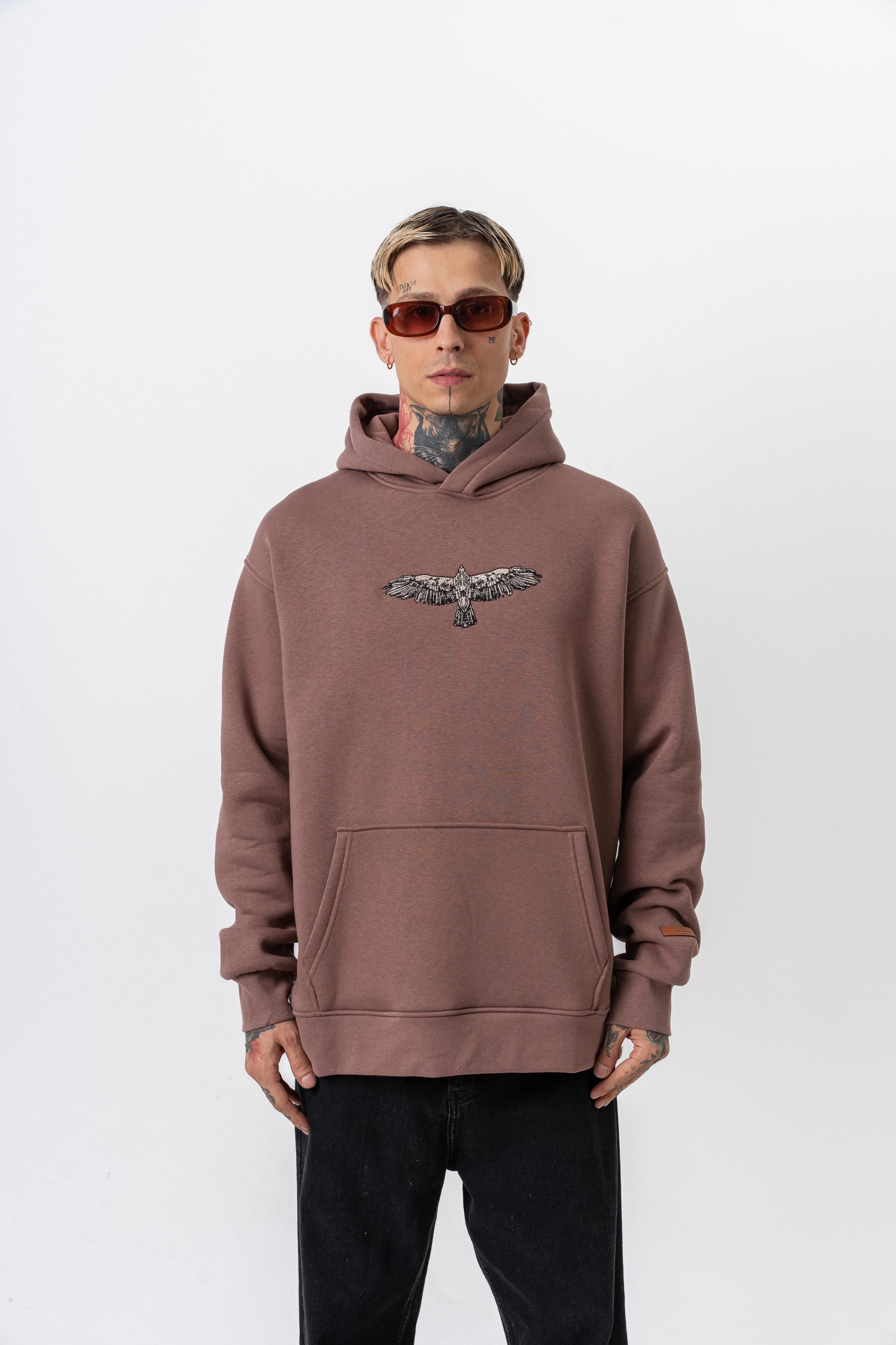 Erkek Feel Baskılı Kapüşonlu Oversize Hoodie Kakao