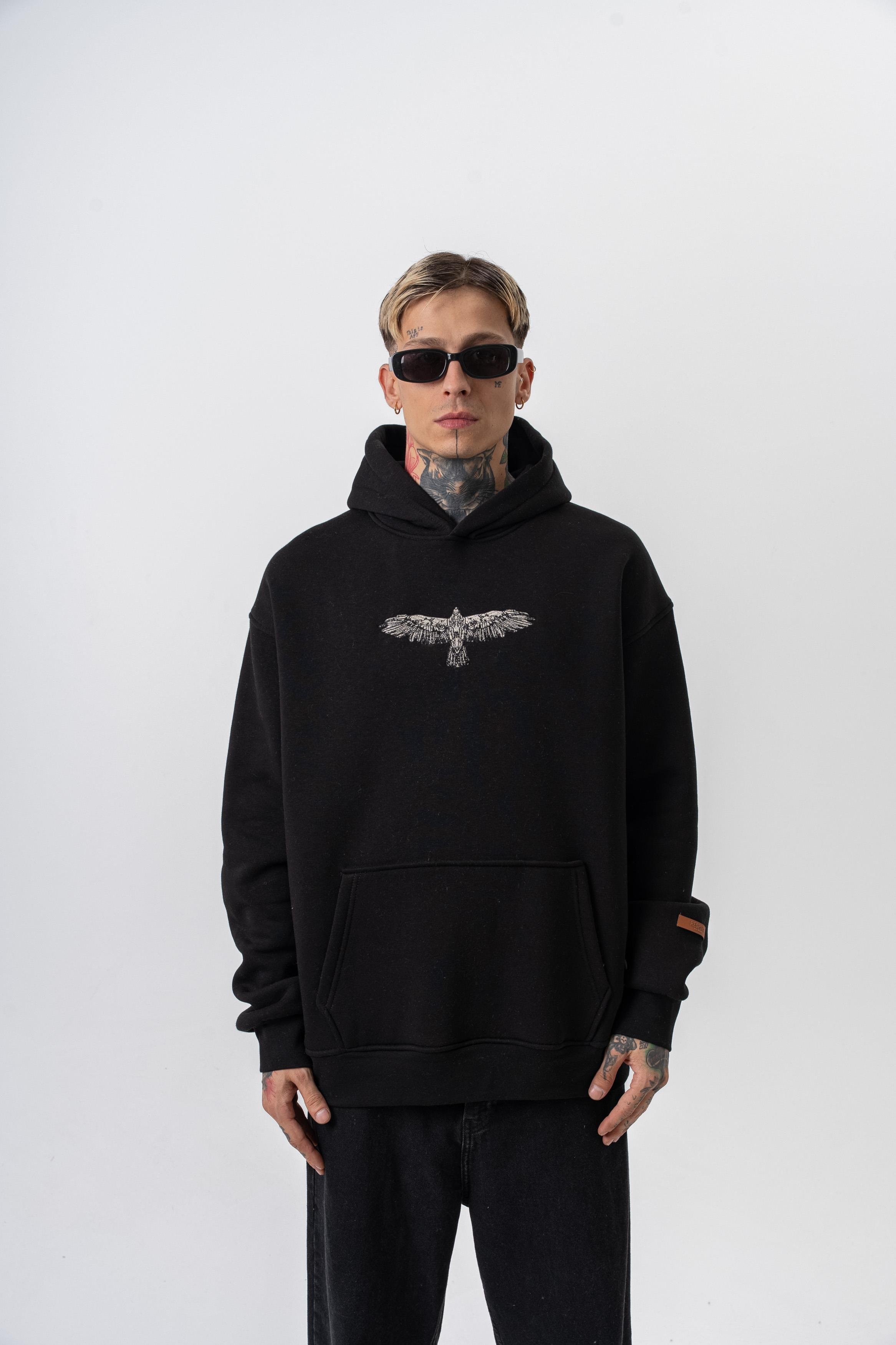 Erkek Feel Baskılı Kapüşonlu Oversize Hoodie Siyah