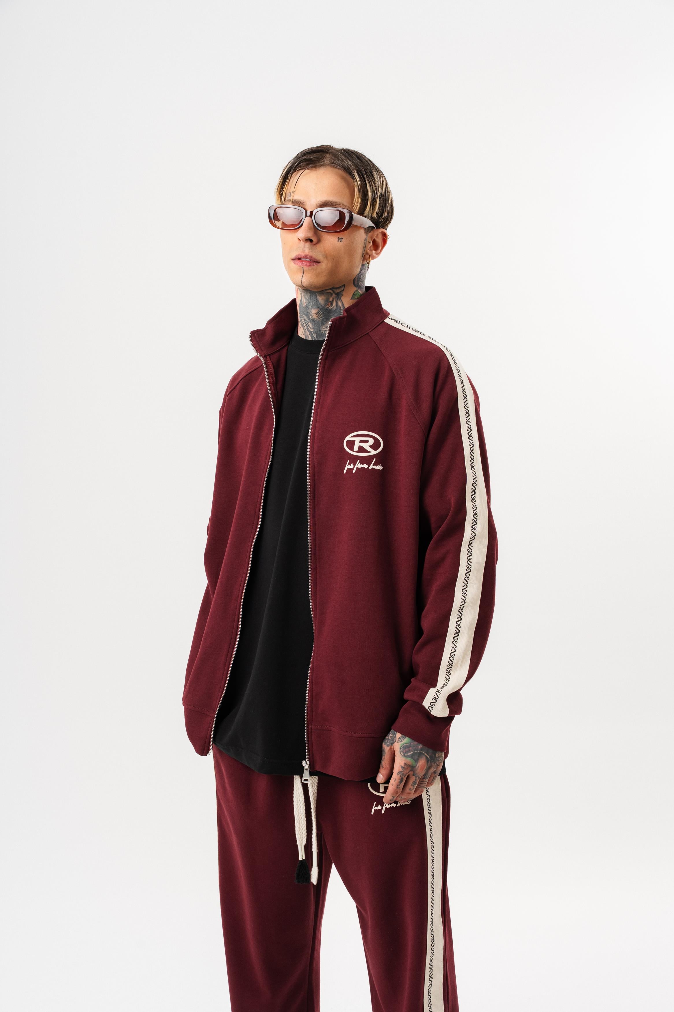 Erkek FFB Şerit Detaylı Dik Yaka Doubleface Zip Oversize Sweatshirt Bordo