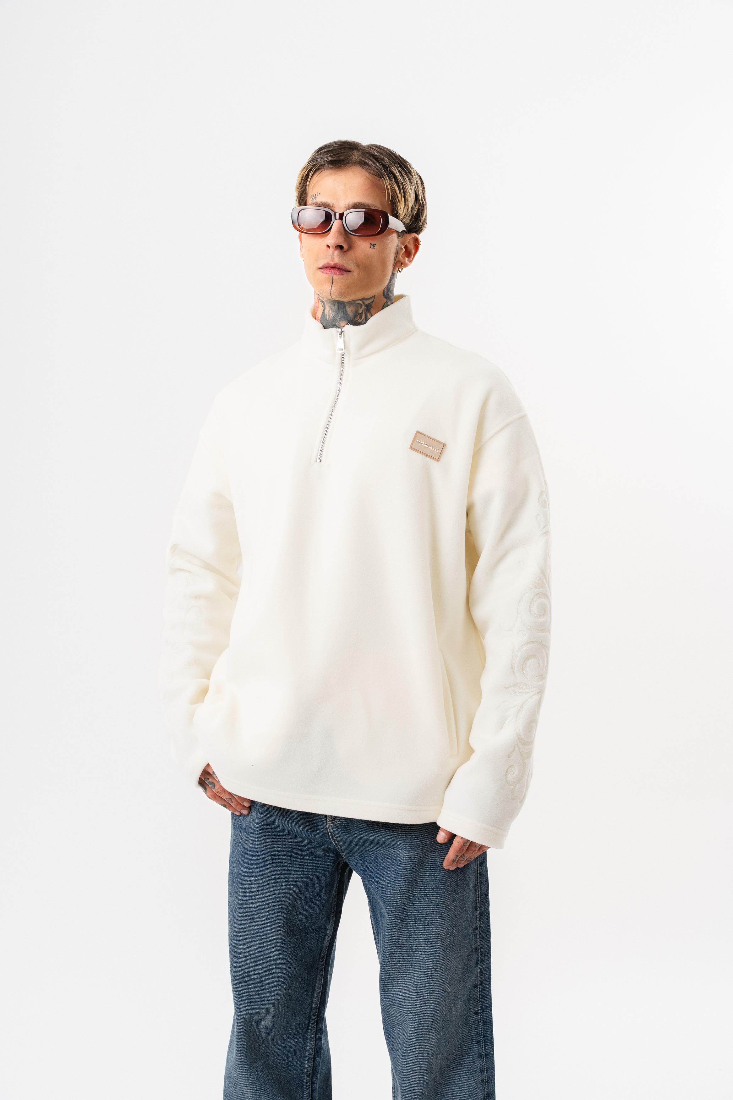 Erkek FFB Yarım Fermuarlı Oversize Polar Ceket Ekru