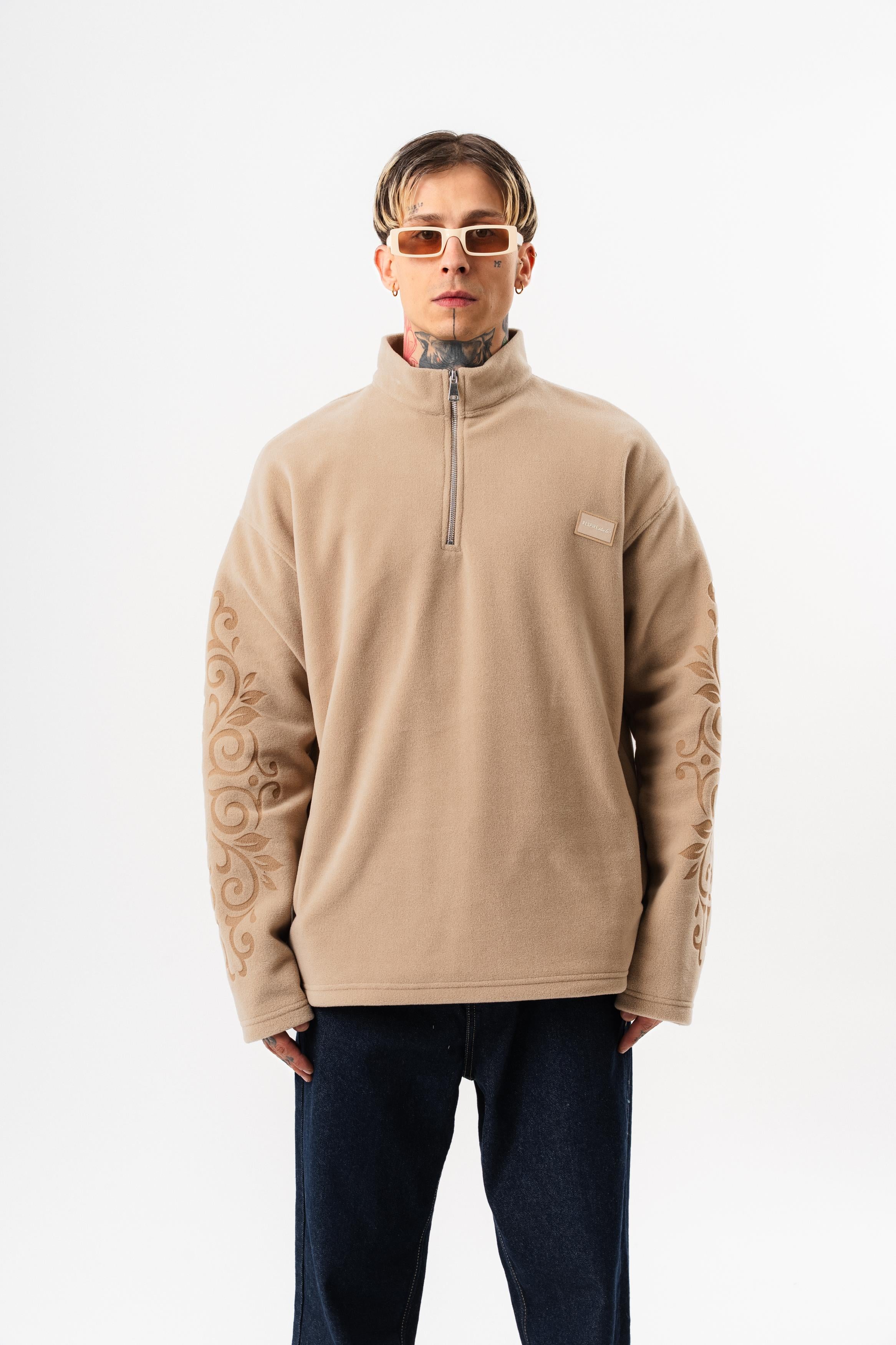 Erkek FFB Yarım Fermuarlı Oversize Polar Ceket Bej