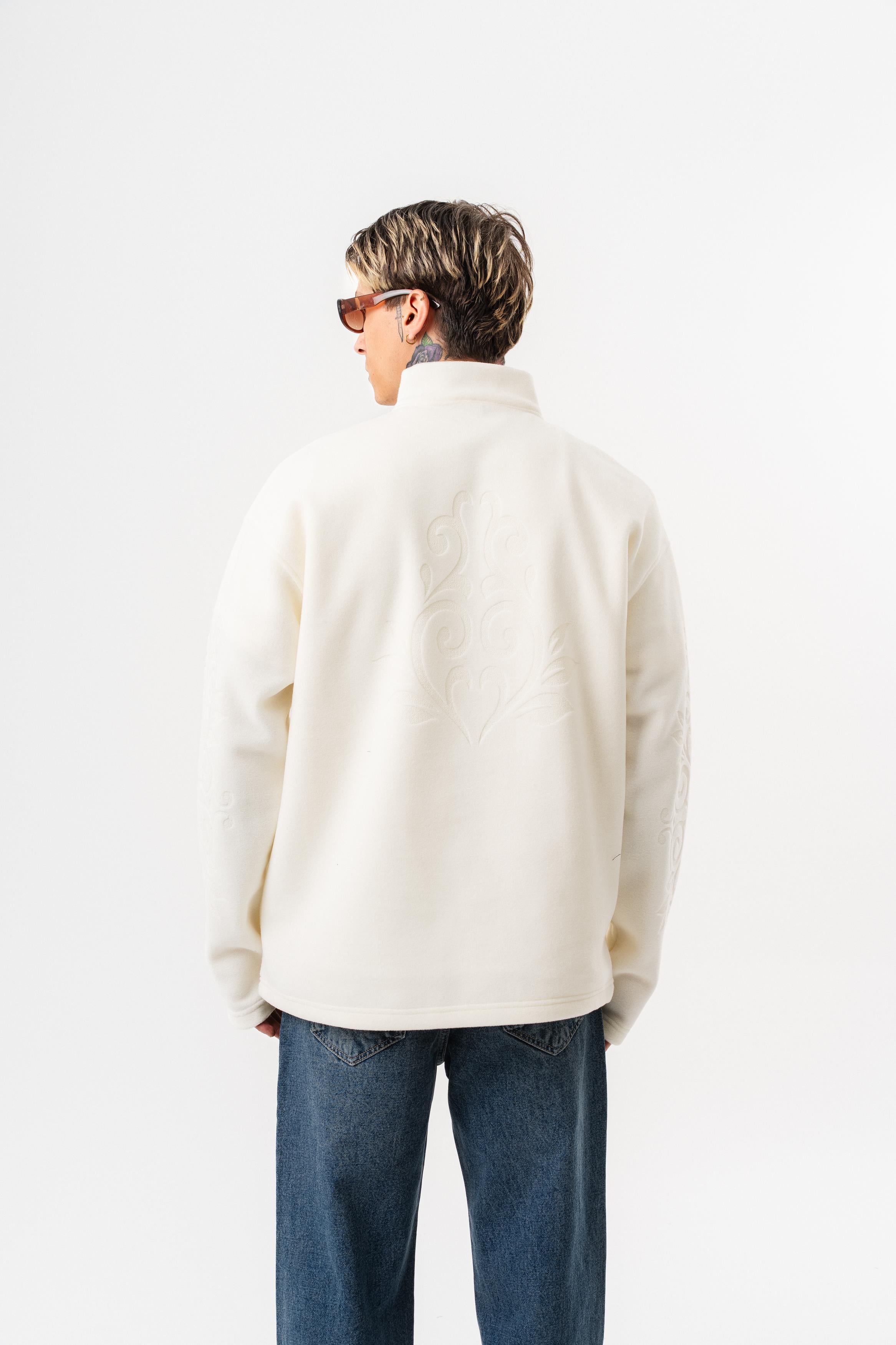 Erkek FFB Yarım Fermuarlı Oversize Polar Ceket Ekru