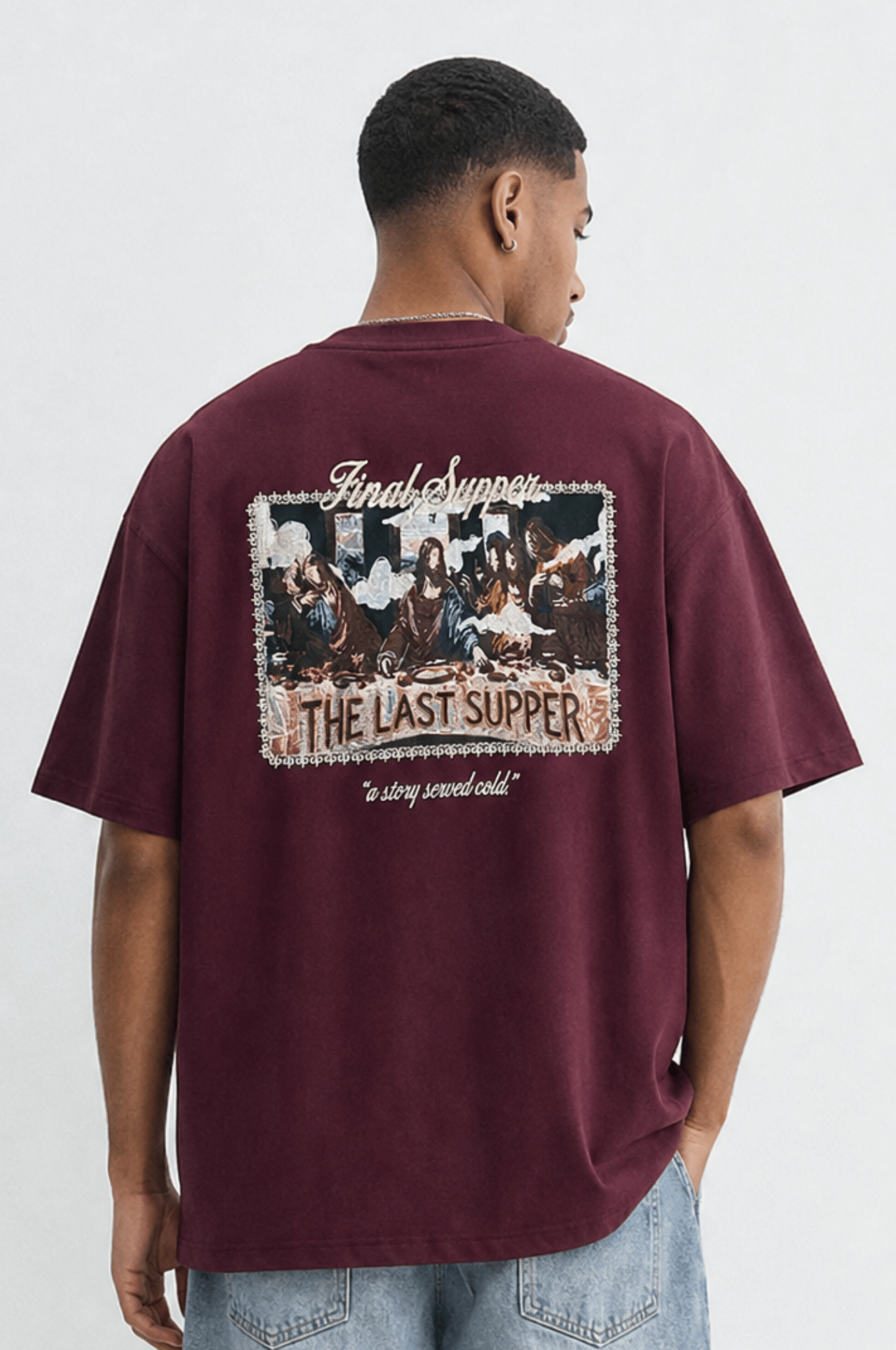 Erkek Final Supper Nakışlı Oversize T-Shirt Bordo